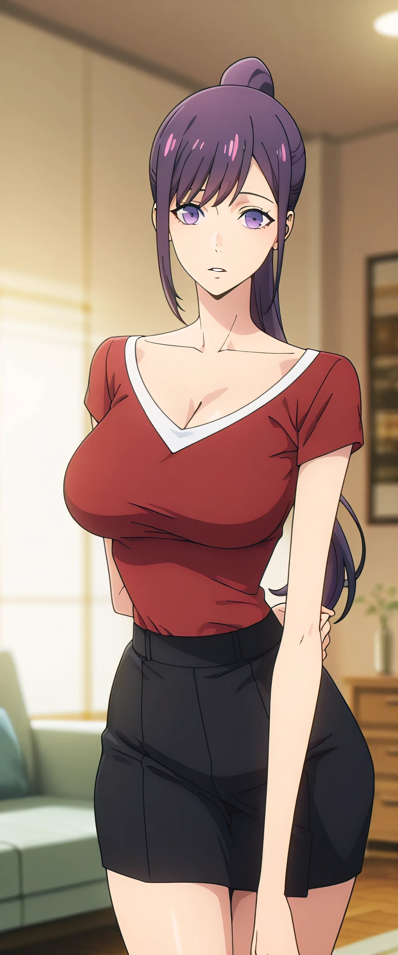 anime screencap, masterpiece, best quality,
masterpiece, Elegant and mature woman,   and hinata    hyuga, voluptuous long hair,  dark brown hair, light brown eyes, tall body,  very skinny body, dynamic lighting, high res, absurdres, house,    and hinata   \(Boruto\)   style, Great visual CG, viewer, Thin shoulders, very thin arms, Thin neck  ,   perfect   , Extremely sagging , extremely thin waist, extremely wide pelvis, extremely wide , Extremely wide thigh gap,  slightly thick thighs, cowboy shot, Shoulder-raised, place your hands behind your back, White blouse, Maroon Check Mooney Wide Short Skirt
1girl, solo, parted lips,
purple hair, purple eyes, high ponytail,
JinahHome, t-shirt, red shirt, black shorts, cleavage, , tight breast,off body covred, looking at viewer,
, looking at the viewer,
indoors, living room, blurry background