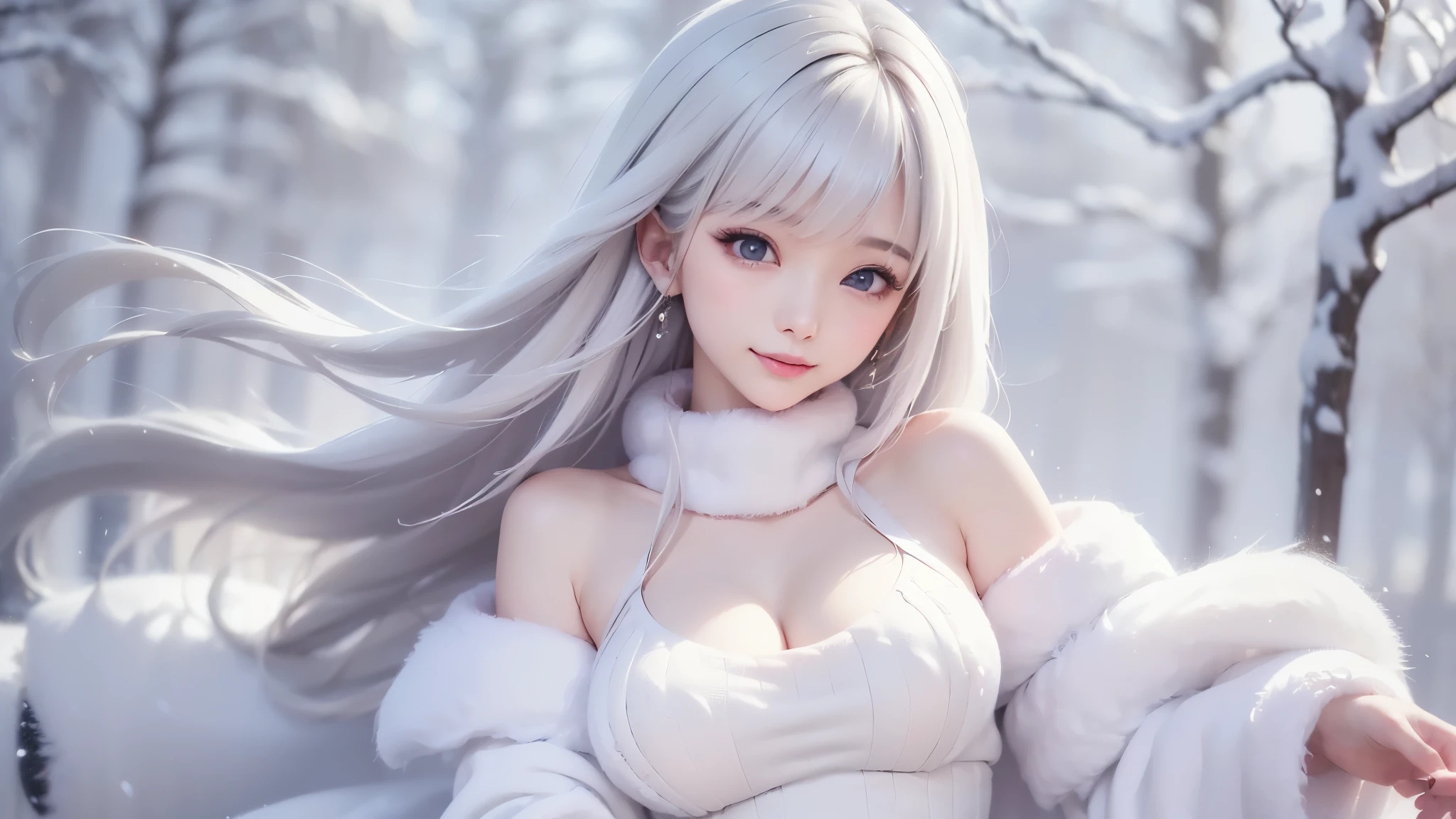 ((masterpiece:1.5、8k、pinch the table top、フォトリアリスティックでvery detailedなCG、very detailed、particle effect、dynamic effects、Drawing Boundary Depth、 cinematic lighting 、lens flare、ray tracing、pinch the table top、realistic:1.4、Ultra High Definition:1.2、realistic、realistic))((alone、,girl wearing a white fur coat over a halter neck sweater:1.4、Cute Poses、 girl、detailed face、 bright表情、 young, bright, Whiter skin、big breasts、Looks great、ultimate beauty、 Silver Hair 、Bright and shiny hair,、Super Long, smooth, Straight Hair、hair fluttering like the wind))(、Snow wearing a white fur coat over an off-the-shoulder sweater )、sideboob
