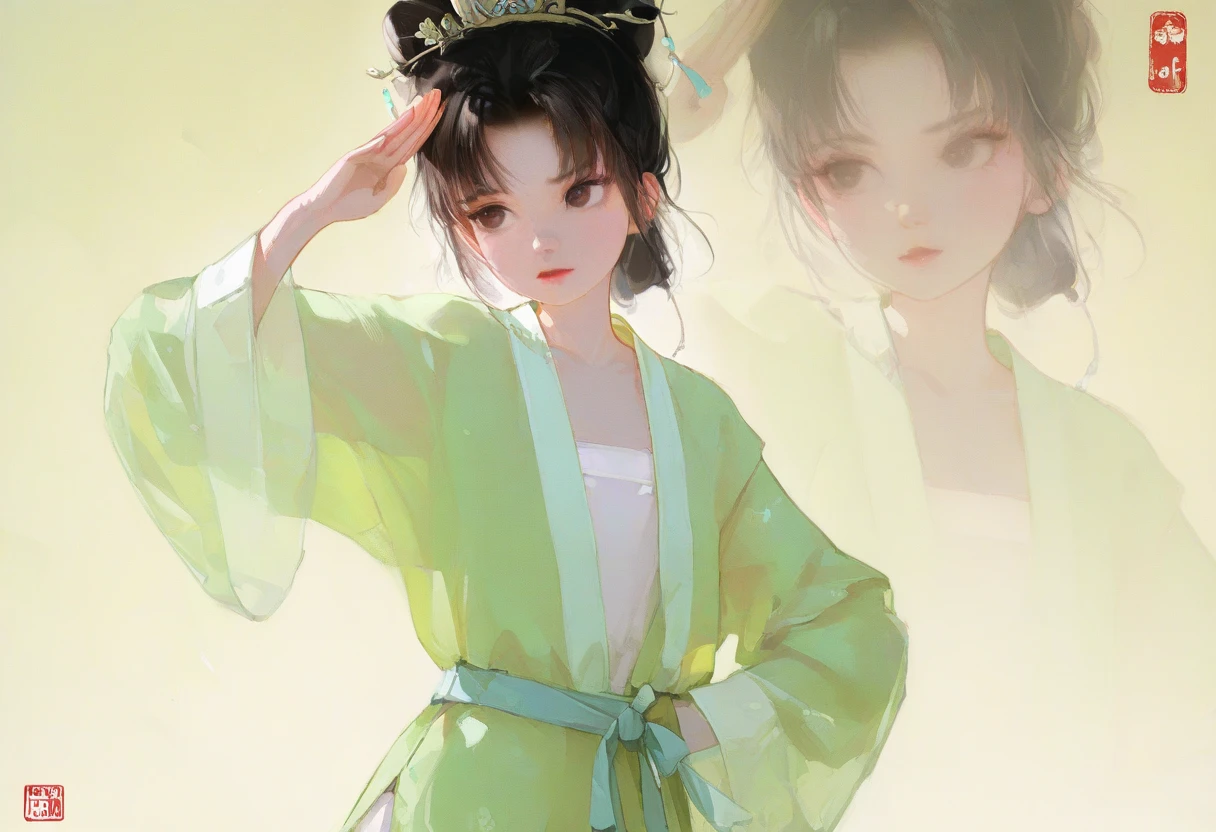 short girl, 1girl, solo, masterpiece, highres, solo, 8k, detailed, perfect face, best quality, (ultra high quality), (looking at viewers), (armpit), bare arms, small breast, sideboob, black hair, long hair, ponytail hair, hair bangs, green eyes, chinese dress, traditional dress, green dress, slim body, upper body, smile, hand up
