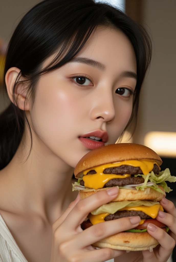 (2 Japanese girl,), (Small breasts:1.5,),(solo,Textured skin, Detailed skin,Detailed face,Detailed eyes,detailed posing,Natural eyebrows,Perfect limbs,High detail, Highest quality, Super detailed, Surrealism, ,8k,RAW Photos,Photographicism,Professional Lighting,Portrait Photography,),((Black Hair, Dark Eyes,Natural Makeup,Simple earrings,Bob Hair,happiness/joy)),(((Eating a hamburger,Burger Shop,Window seat)))
