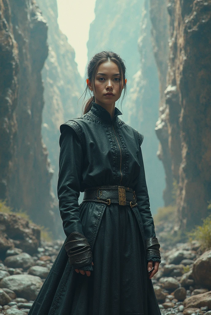 When a female black-haired ebony Jedi, dressed is sexy black pirate-clothes from earths seventeenth century, with an ice-blue energy sword begins to feel the pull of the dark side but fight against several dark enemies inside a futuristic jedi temple.
