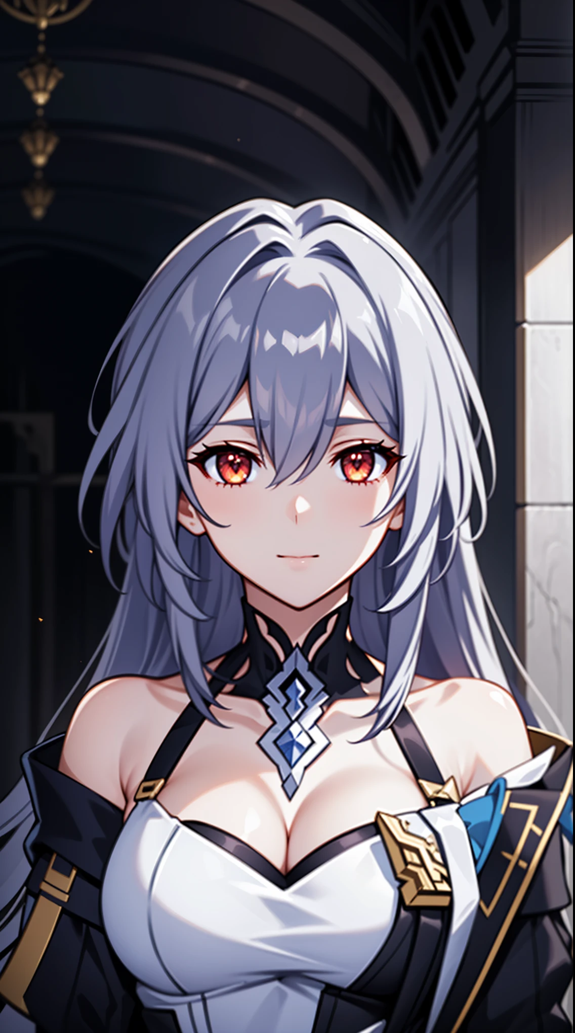 (high-quality, breathtaking),(expressive eyes, perfect face) portrait, 1girl, female, solo, adult woman, Symmetrical Eyes, age late 20, red eyes, long hair length, soft wavy flowy hair, loose hair, side bangs, looking at viewer, happy expression, white skin, elegant, regal, Stelle Honkai Star Rail, Acheron Character Honkai Star Rail, Path of Nihility, black background, white and dark purple color hair, death theme, black coat with gold trim,
