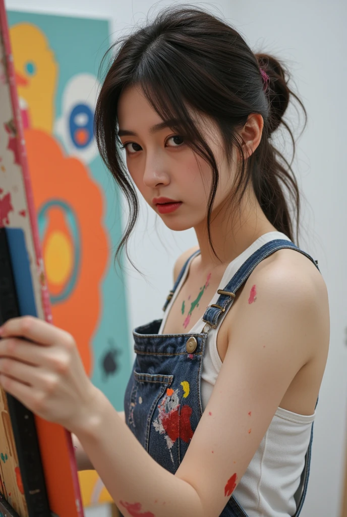 a high-resolution realistic image of a young korean woman in a playful and creative pose. She holds a palette of paint in one hand and a paintbrush in the other. she has paint splatters on her face, neck, and shoulders, giving a artistic vibe. wearing a gray tank top and denim pants. hairstyled in a loose, casual manner. The background is grafity, focusing attention on the subject. The overall atmosphere should be lighthearted and creative, capturing the joy