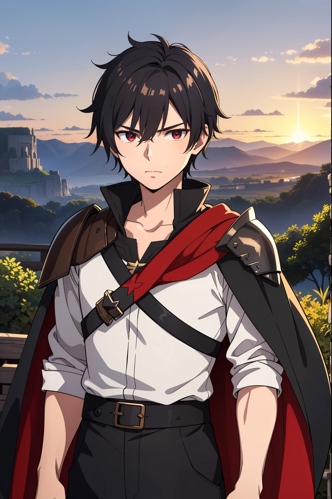 (high-quality, breathtaking),(expressive eyes, perfect face) 1boy, male, solo, young adult, Symmetrical Eyes, portrait, black hair, red eye color, short hair length, messy loose hair, neutral expression, soft smile, white shirt, black cloak red trim, fantasy attire, adventurer profession, sunset sky, summer theme, armor, cape