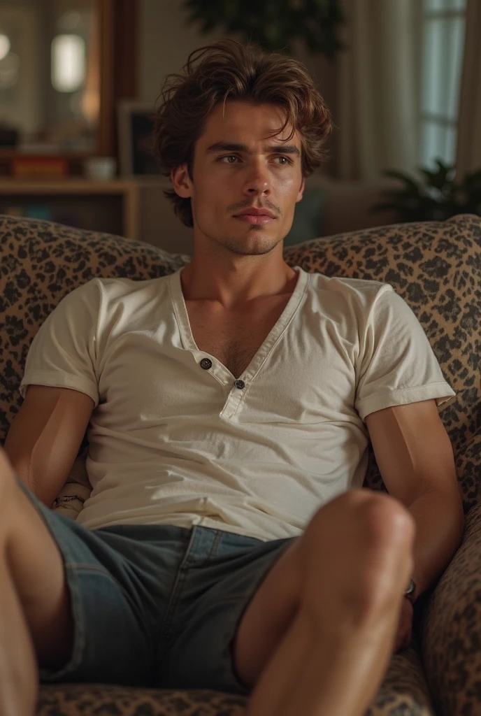 A man sitting on a sofa and holding a glass、Classy portrait, High-resolution consignment, Male art, Art Station: Male aesthetics,, (8k, Highest quality, masterpiece:1.2), (Realistic, photo-Realistic:1.2). watercolor、Norman Stanfield's Fantastic Expressions Leon、Challenging gaze, 23 years old、A bloodthirsty vampire look、People pleaser、play、Erotic infidelity、My burning heart breaks、Disconnect、beast of prey、Malicious Eye、Cheating on women、Combatant Darkness、Quiet anger、Painful expression、Dripping Sweat、Wounds all over the body、first round、to be tied up、naked