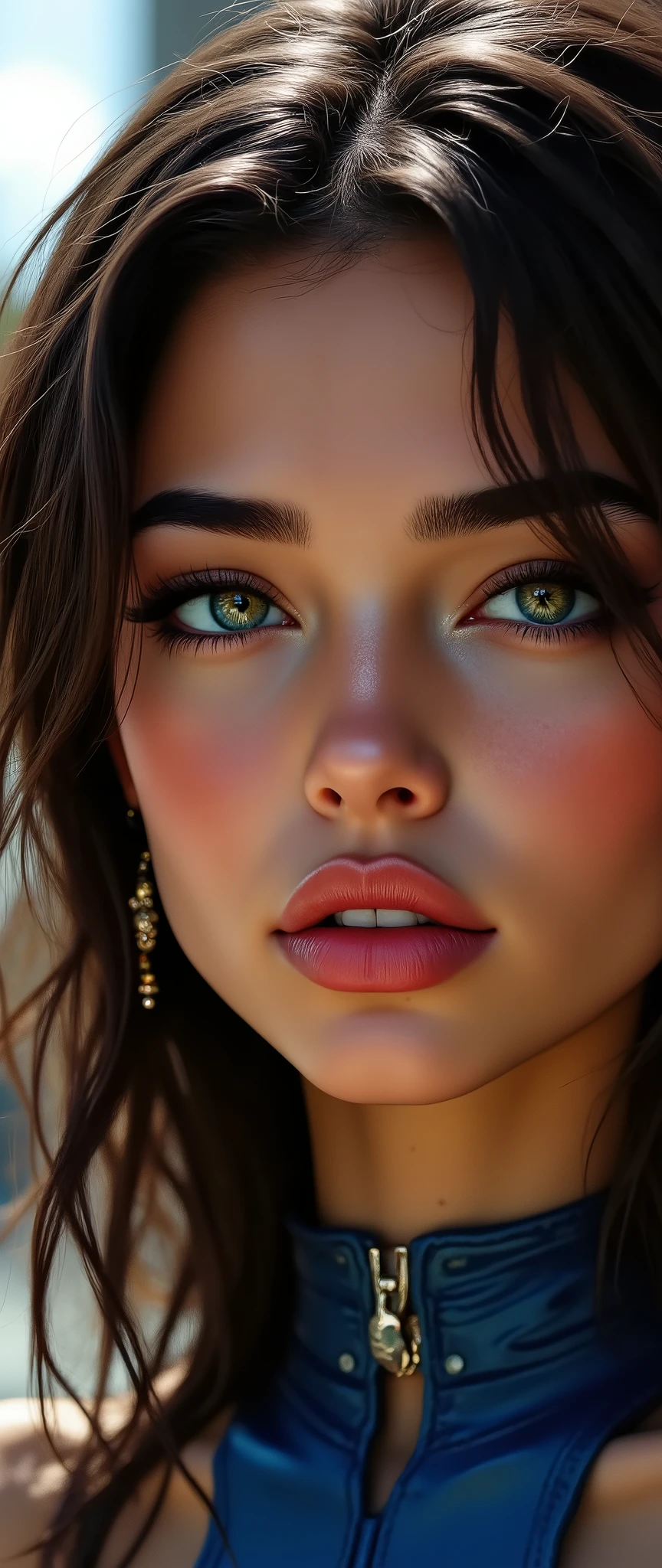Divide Ratio : 1,1,1 Base Ratio: (((portrait))),perfect dynamic composition:1.2,beauty(mixed girl)(madison ivy:0.5)(jessica alba:0.3)(Ariana Grande:0.3) in (Intricately detailed photo of a((22-year-old))),((photorealistic)),((Hyper realistic)),((sharp focus)),(highest resolution),(the most absurd quality),(masterpiece),((natural, soft lighting during the day)),fashion supermodel,((best high quality real texture skin)),(Highly quality texture hair),((curly hair(((slicked to the two side)))Intricately detailed:1.44)),(perfect proportions),(anatomically correct),((perfect female body)),((firm normal breasts:1.2)),slim face,beautiful cheekbones,(Super beautiful face),(realistic face),(highly detailed face),absurd art(Intricately detailed eyes),(tired and sleepy and satisfied:0.0),(close up of a woman's eye with a digital rendering),(realistic eyes),perfect round eyes,finely detailed pupils,(brown_eyes:1.28),BREAK,detailed lips:1.3,pink_makeup:1.3,long_blue_eyeliner:1.2,(red_lipstick:1.32),perfect dark_eyeshadows:1.35,(there a close up of a woman's),(super detailed makeup on eyes:1.3), iridescent eyes, with professional makeup, vibrant eyes:1.2,(Detailed nose),small head:1.4,full bodyesbian,dark shot:1.2,((Intricately detailed sports crop top:1.3)),look at the viewer,((city),walking),On the street,((Earrings)),