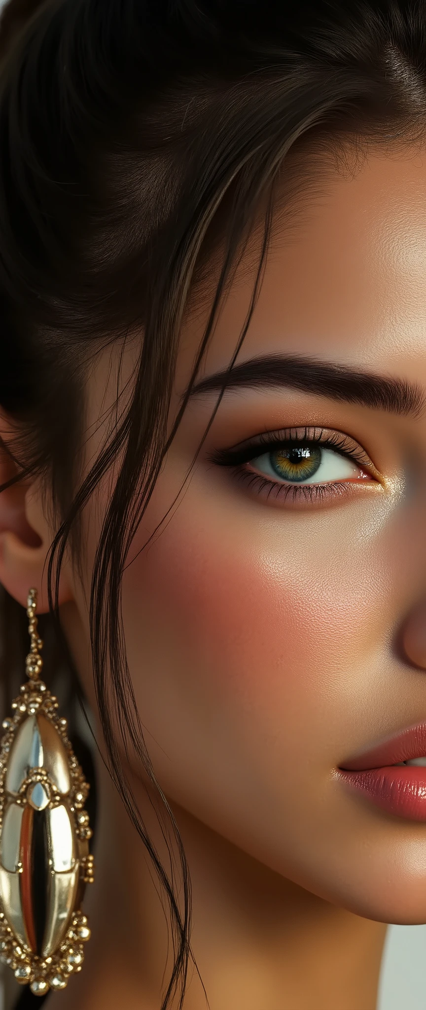 Divide Ratio : 1,1,1 Base Ratio: (((portrait))),perfect dynamic composition:1.2,beauty(mixed girl)(madison ivy:0.5)(jessica alba:0.3)(Ariana Grande:0.3) in (Intricately detailed photo of a((22-year-old))),((photorealistic)),((Hyper realistic)),((sharp focus)),(highest resolution),(the most absurd quality),(masterpiece),((natural, soft lighting during the day)),fashion supermodel,((best high quality real texture skin)),(Highly quality texture hair),((curly hair(((slicked to the two side)))Intricately detailed:1.44)),(perfect proportions),(anatomically correct),((perfect female body)),((firm normal breasts:1.2)),slim face,beautiful cheekbones,(Super beautiful face),(realistic face),(highly detailed face),absurd art(Intricately detailed eyes),(tired and sleepy and satisfied:0.0),(close up of a woman's eye with a digital rendering),(realistic eyes),perfect round eyes,finely detailed pupils,(brown_eyes:1.28),BREAK,detailed lips:1.3,pink_makeup:1.3,long_blue_eyeliner:1.2,(red_lipstick:1.32),perfect dark_eyeshadows:1.35,(there a close up of a woman's),(super detailed makeup on eyes:1.3), iridescent eyes, with professional makeup, vibrant eyes:1.2,(Detailed nose),small head:1.4,full bodyesbian,dark shot:1.2,((Intricately detailed sports crop top:1.3)),look at the viewer,((city),walking),On the street,((Earrings)),