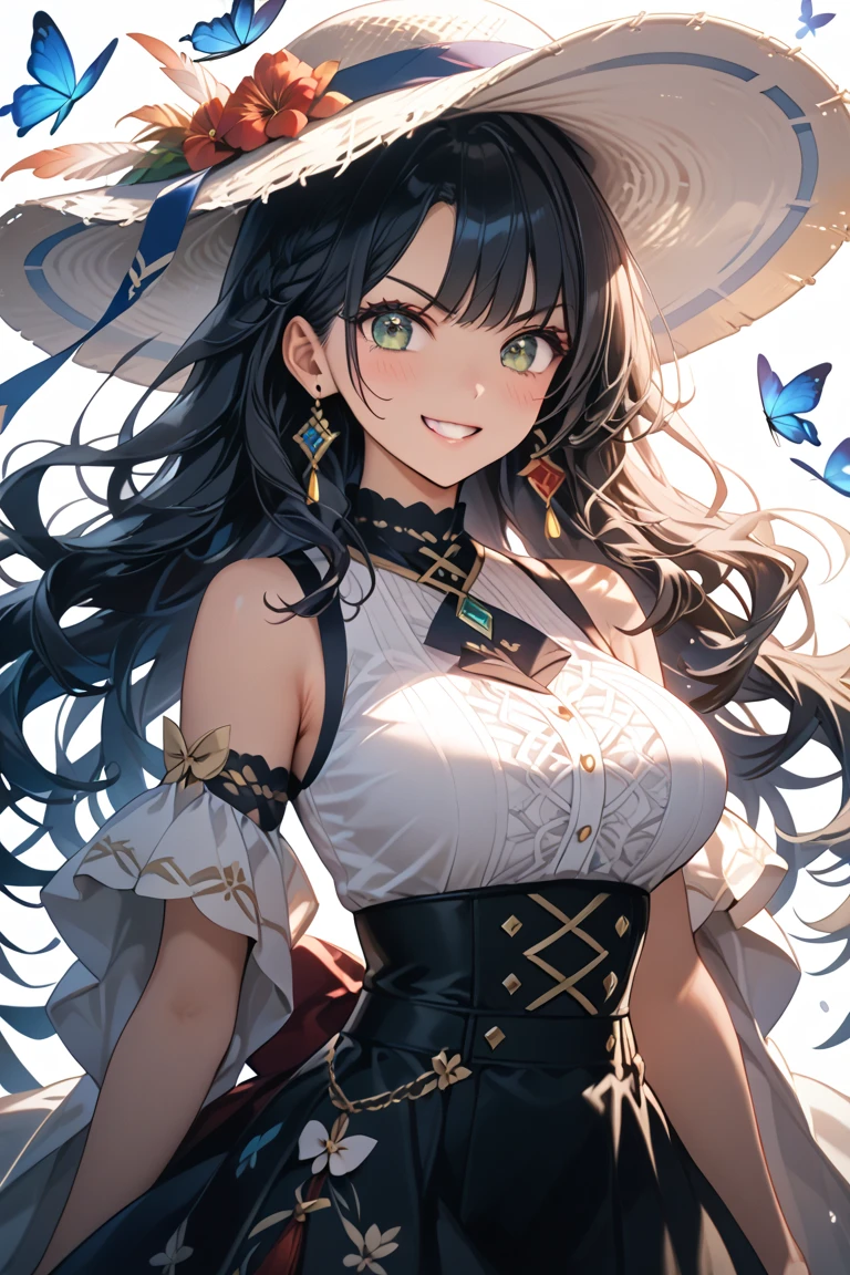 最high quality、best image quality、masterpiece、teenage girl((18-year-old、 By becoming、vest bust、medium bust,wide open breast tea、black eye, black hair、long hair、thin,highest valley、Perforated gloves、blue earrings、cowboy hat、black vest、white t-shirt、torn blue pants、smile、gesture with hat)),high quality、beautiful art、background((grassland)),debris flies、Depth of written boundary、movie、visual art、perfect art、8K,genuine