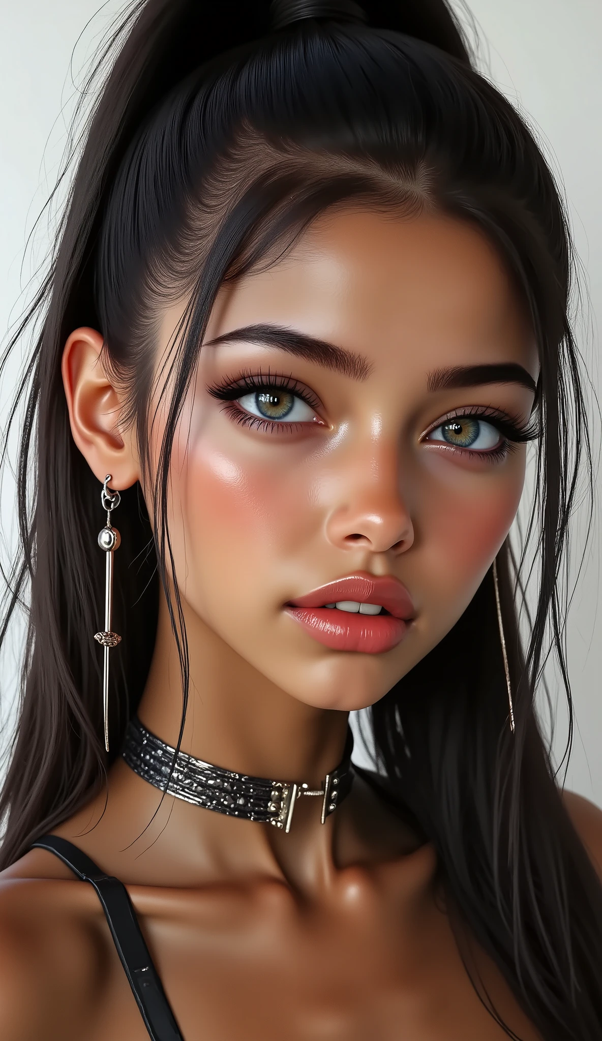 Divide Ratio : 1,1,1 Base Ratio: (((portrait))),perfect dynamic composition:1.2,beauty(mixed girl)(madison ivy:0.5)(jessica alba:0.3)(Ariana Grande:0.3) in (Intricately detailed photo of a((22-year-old))),((photorealistic)),((Hyper realistic)),((sharp focus)),(highest resolution),(the most absurd quality),(masterpiece),((natural, soft lighting during the day)),fashion supermodel,((best high quality real texture skin)),(Highly quality texture hair),((curly hair(((slicked to the two side)))Intricately detailed:1.44)),(perfect proportions),(anatomically correct),((perfect female body)),((firm normal breasts:1.2)),slim face,beautiful cheekbones,(Super beautiful face),(realistic face),(highly detailed face),absurd art(Intricately detailed eyes),(tired and sleepy and satisfied:0.0),(close up of a woman's eye with a digital rendering),(realistic eyes),perfect round eyes,finely detailed pupils,(brown_eyes:1.28),BREAK,detailed lips:1.3,pink_makeup:1.3,long_blue_eyeliner:1.2,(red_lipstick:1.32),perfect dark_eyeshadows:1.35,(there a close up of a woman's),(super detailed makeup on eyes:1.3), iridescent eyes, with professional makeup, vibrant eyes:1.2,(Detailed nose),small head:1.4,full bodyesbian,dark shot:1.2,((Intricately detailed sports crop top:1.3)),look at the viewer,((city),walking),On the street,((Earrings)),