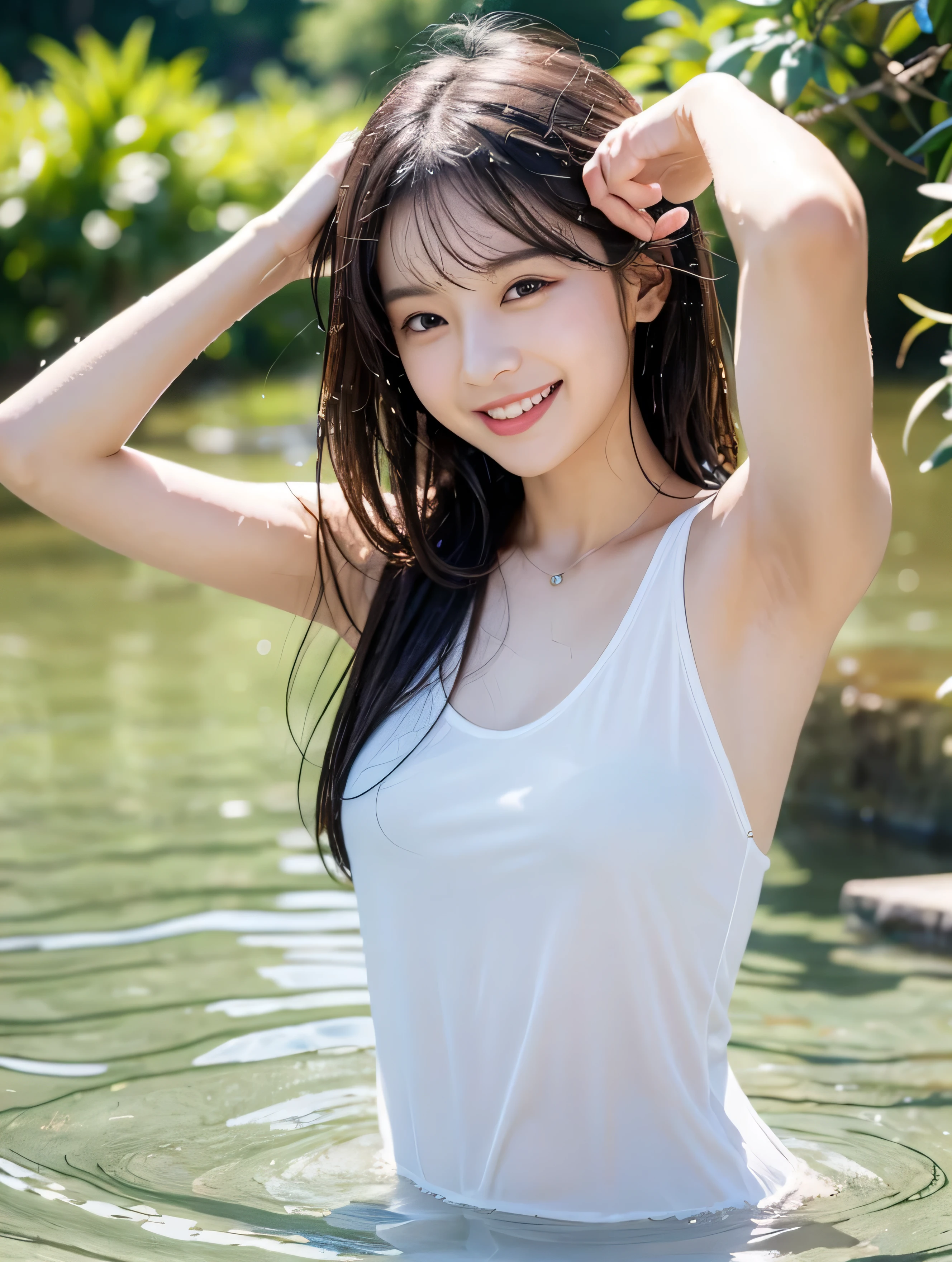 ((Tank top)),A hot spring resort in the mountains of Japan,beautiful mountain in background々,open-air bath、(視界を遮る熱湯煙 rock bathから立ち上る水蒸気:1.3),(rock bath:1.3),(open-air bathで肩を深く浸かる:1,3),(No sleeve)、cheeks turn red、smile shyly、(beautiful girl) 、blushing with embarrassment、dreamy eyes、A smile that confuses the viewer、Check out the photographer、skin shining with sweat、look at the viewer,necklace、earrings、pointed red mouth,perfect round face,proper body proportions,intricate details,very delicate and beautiful hair,realistic pictures,dream-like,professional lighting,realistic shadow,focus only,beautiful hands,beautiful fingers,Detailed functions of fingers,Detailed arm functions,Detailed characteristics of hair,detailed facial features,(highest quality,Ultra high resolution output image,) ,(8K quality,),(Image mode Ultra HD,)