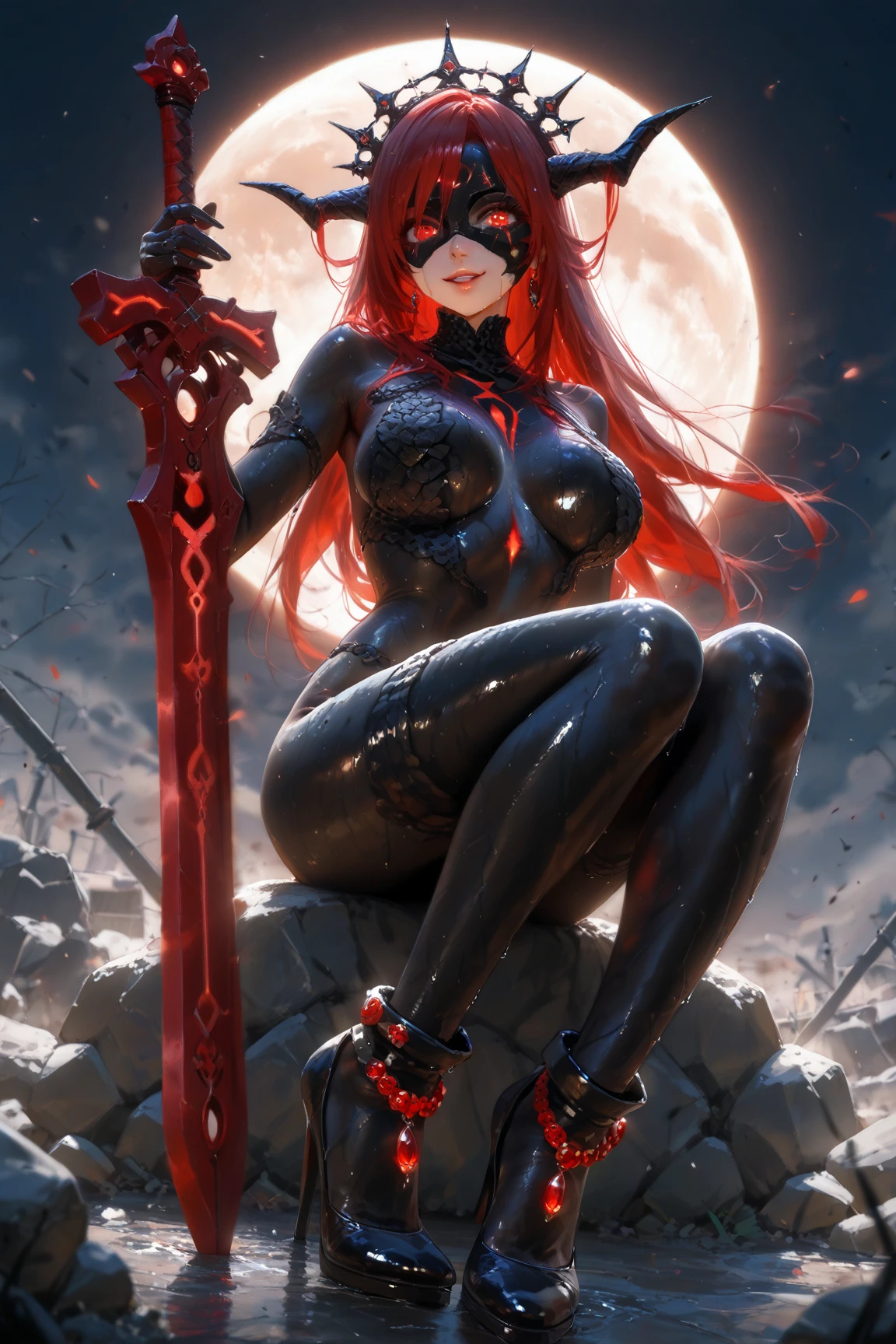 Sexy vampire girl in the dark cemetery, she is holding a spear, fully body, movement pose