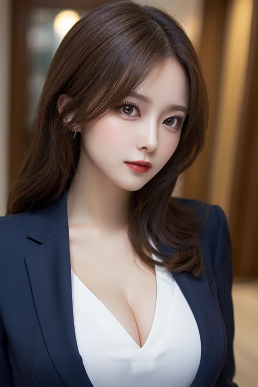 (Highest quality, 8K, Tabletop, Ultra HD: 1.3), Dark blue business suit, 20-year-old、Bans、smile, Black choker, Blue Eyes, Red lipstick, Very long eyelashes, Big breasts family, noble, bangs, Straight long hair with brown hair, President&#39;s office, ((Full body portrait:1.5, Thighs)), mini skirt, high waist, Hair tied back