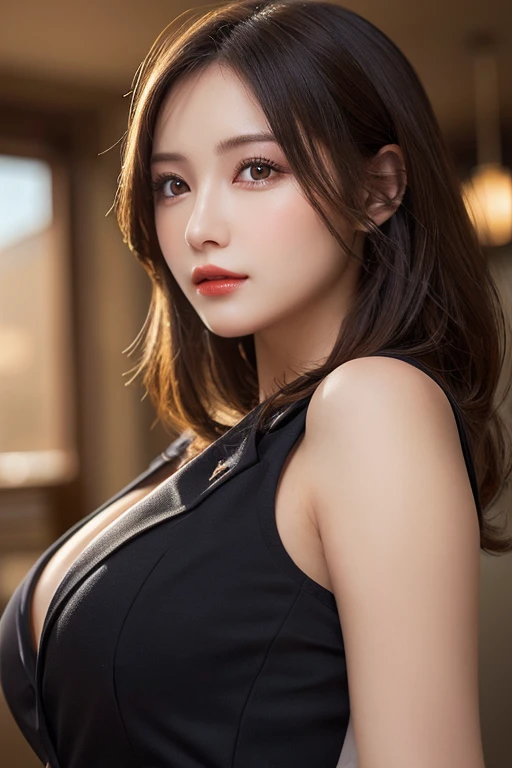 a beautiful russian woman in her 20s, light brown hair, fine white skin, attractive face, tight waist, cleavage, smiling kindly, active posing, detailed eyes, beautiful detailed nose, beautiful detailed lips, long eyelashes, perfectly balanced body, (best quality,8k,highres,masterpiece:1.2),ultra-detailed,(realistic,photorealistic,photo-realistic:1.37),HDR,UHD,studio lighting,ultra-fine painting,sharp focus,physically-based rendering,extreme detail description,professional,vivid colors,bokeh,portrait,seductive gaze, wearing a loose jacket,black clothes,nice smile