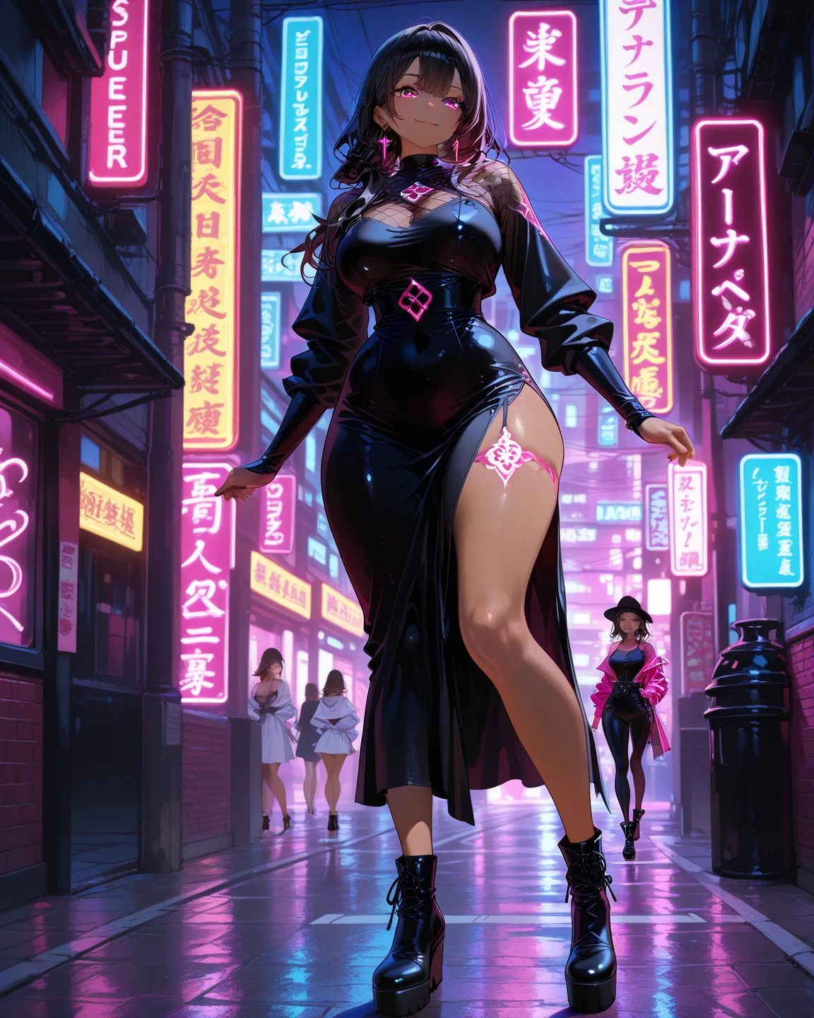 cute little cartoon loli,(((little loli,small tiny body,petite))),(((6 years old))),((extremely cute and beautiful liquid paint hair haired anime girl walking down the street)),
(((flat chest))),saggy breasts,short hair,(((liquid paint hair:1.1,neon purple hair|neon pink hair|neon blue hair|neon aqua hair|purple hair|fuchsia hair|fluorescent blue hair|amethyst hair|neon hair|bright pink hair :1.5,bright hair: 1.3,hair made of paint and defies gravity,thick flowing,paint splatter:1.3,shiny hair: 1.3,vibrant colored hair))),((heterochromia,eye1 purple,eye2 pink,upturned eyes:1.3,perfect eyes,beautiful detailed eyes,rainbow glows ultra-detailed deep pink purple eyes:1.1,gradient eyes:1,finely detailed beautiful eyes:1,symmetrical eyes:1,big highlight on eyes:1.2)),((fat)),(((lustrous skin:1.5,bright skin: 1.5,skin tanned,shiny skin,very shiny skin,shiny body,plastic glitter skin,exaggerated shiny skin))),(delicate detailed fingers,detailed body,detailed arms,human hands),
cute,slutty,seductive,erotic,(((nsfw))),
revealing clothing,show skin,(wearing a Neon color theme clothing:1.3,micro clothes,little clothing,fluorescent and neon clothing,rave fashion,micro crop top,micro skirt,visible thong straps,accessories LED,detailed outfit,detailed clothes),
(dynamic pose:1.0),solo focus,embarrassed,centered,scale to fit dimensions,Rule of thirds,
outdoors,((night view)),(cyberpunk night street Background: 1.5,dark sky,alleyway,lonely alley,thick clouds,detailed background:1.25),
(best quality),(high resolution),(sharp focus),(ultra detailed),(extremely detailed),(extremely high quality artwork),8k_wallpaper,(extremely detailed CG 8k),(very fine 8K CG),((hyper super ultra detailed perfect piece)),flawless,(((masterpiece))),illustration,vibrant colors,(intricate),High contrast,Selective lighting,Double exposure,HDR (High Dynamic Range),Post-processing,Background blur,