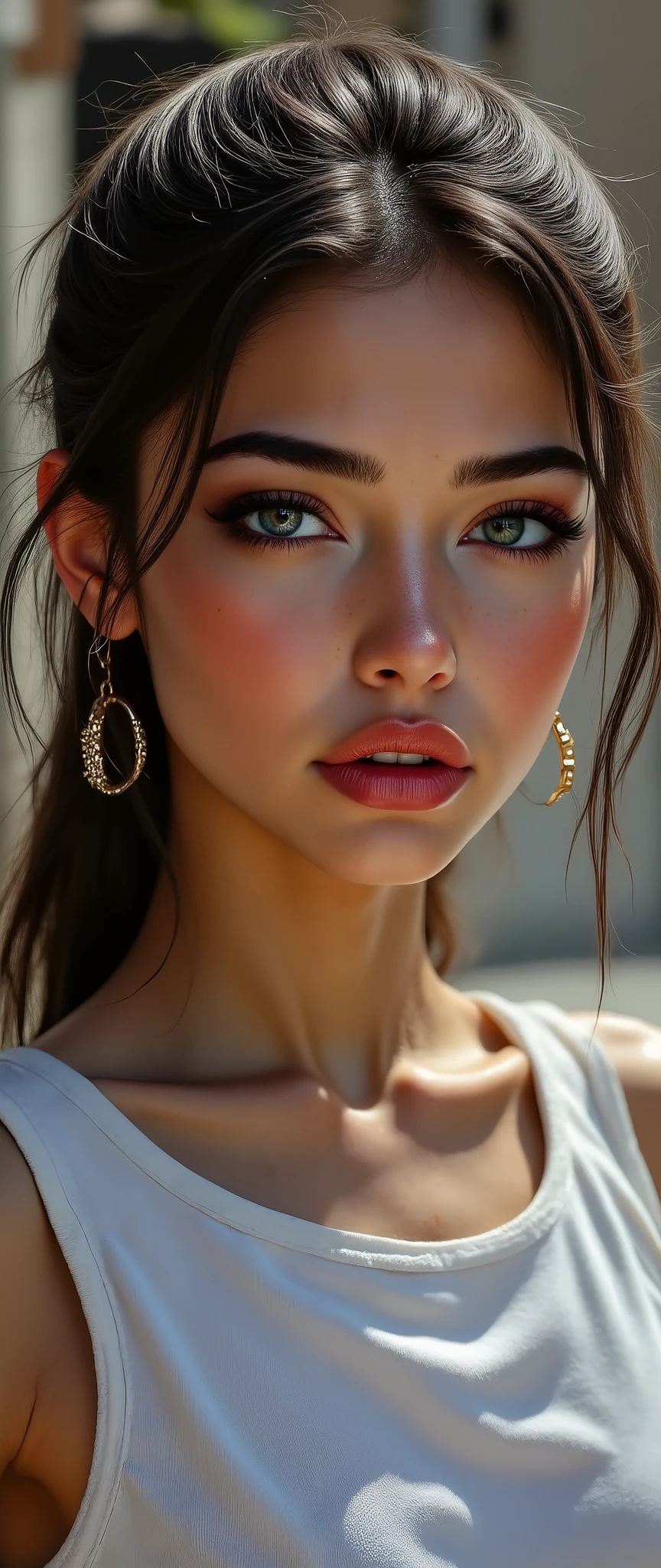 Divide Ratio : 1,1,1 Base Ratio: (((portrait))),perfect dynamic composition:1.2,beauty(mixed girl)(madison ivy:0.5)(jessica alba:0.3)(Ariana Grande:0.3) in (Intricately detailed photo of a((22-year-old))),((photorealistic)),((Hyper realistic)),((sharp focus)),(highest resolution),(the most absurd quality),(masterpiece),((natural, soft lighting during the day)),fashion supermodel,((best high quality real texture skin)),(Highly quality texture hair),((curly hair(((slicked to the two side)))Intricately detailed:1.44)),(perfect proportions),(anatomically correct),((perfect female body)),((firm normal breasts:1.2)),slim face,beautiful cheekbones,(Super beautiful face),(realistic face),(highly detailed face),absurd art(Intricately detailed eyes),(tired and sleepy and satisfied:0.0),(close up of a woman's eye with a digital rendering),(realistic eyes),perfect round eyes,finely detailed pupils,(brown_eyes:1.28),BREAK,detailed lips:1.3,pink_makeup:1.3,long_blue_eyeliner:1.2,(red_lipstick:1.32),perfect dark_eyeshadows:1.35,(there a close up of a woman's),(super detailed makeup on eyes:1.3), iridescent eyes, with professional makeup, vibrant eyes:1.2,(Detailed nose),small head:1.4,full bodyesbian,dark shot:1.2,((Intricately detailed sports crop top:1.3)),look at the viewer,((city),walking),On the street,((Earrings)),