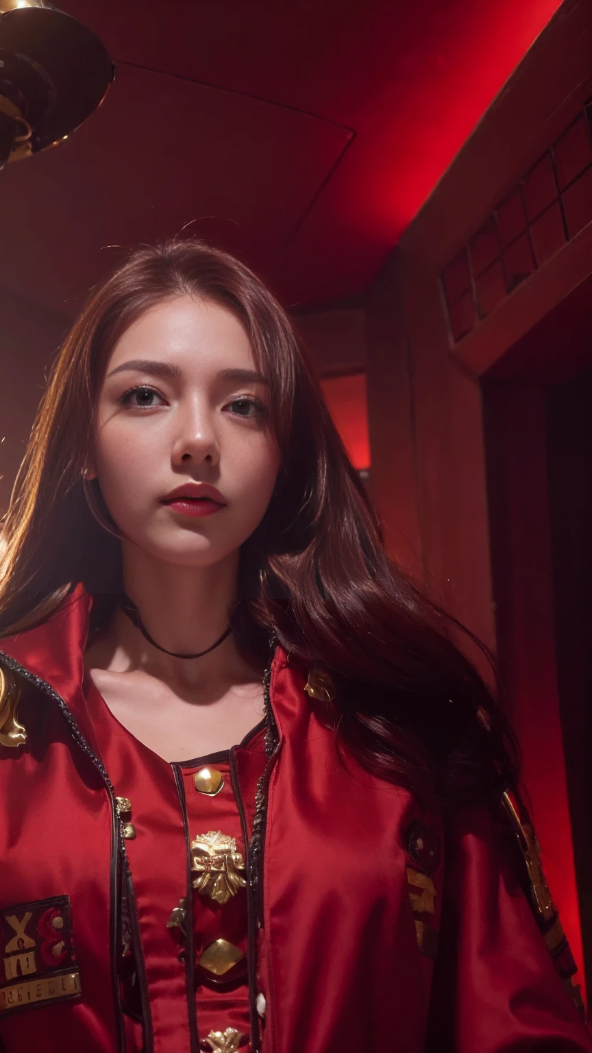 extremely detailed photo of a woman, loraelizabeth, scarlet witch, avengers, wearing black lace dress, open red leather jacket, 8k uhd, RAW photography, model photoshoot