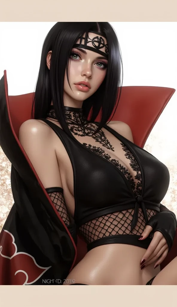 Beautiful 40 year old woman with short wavy black hair with bangs red lips black shirt avant-garde makeup black heart tattoo on her chest 