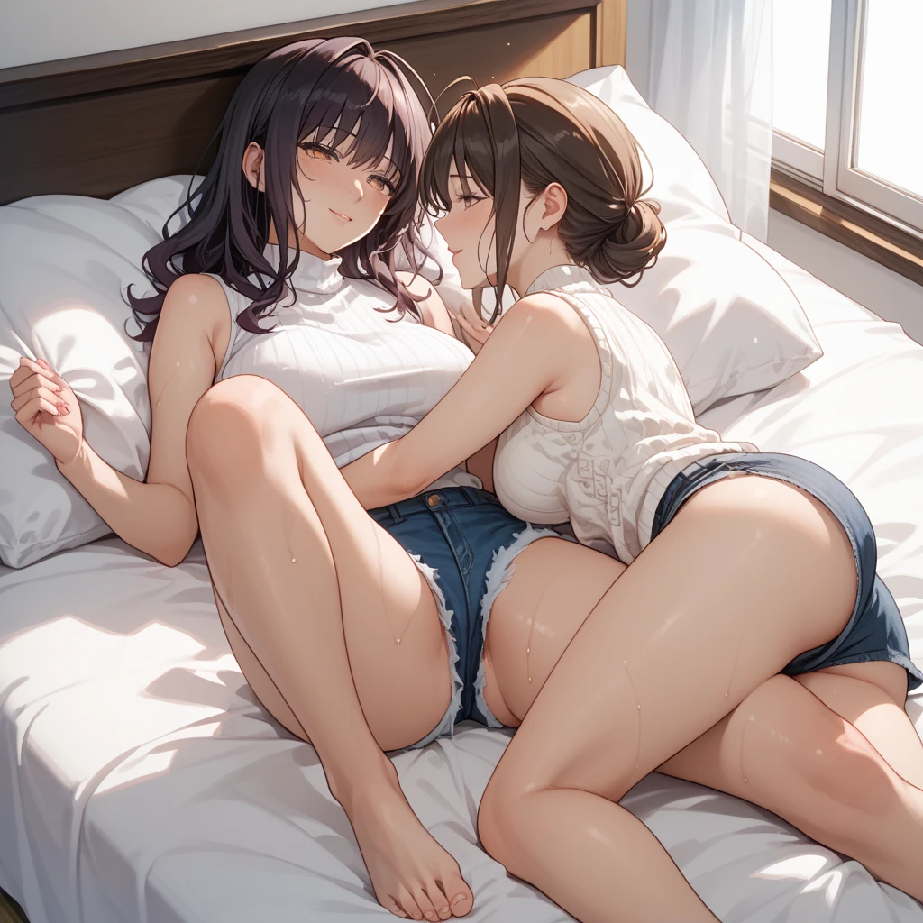 (intense orgasming face), two cute sisters leaning, (eyes closed), (eyes realistic sizing, drooping eyes), (wet tee-shirt), naked, sunny sky, soft light, beach, open mouth, crying, long hair, necklace, (small breasts), (lying), pillow, ((soft pussy))