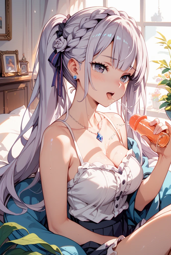 ))),((Wear a wedding dress with a transparent plastic texture))),((Pedras preciosas,Diamond,pendant,choker necklace,waist chains,ear studs,耳Nipple Ring,nose studs,Lip studs,Lip Ring,Ring in the nose,Umbilical nails,Umbilical ring,Bracelet,Anklets)),flowers blooming,Sit on a golden swing,Mirror with silver pattern border,Gorgeous dining table,wine jugs,Plastic rods,Massage stick,spooning,((Honey bath))),cocktails,binge drinking,drunk,Asleepiness,Sweat profusely,weakness,Slipped shoulder straps,drenched all over the body,hangover,Relaxed gesture,Clothes scattered on the ground,trouser,a skirt,pantiess,