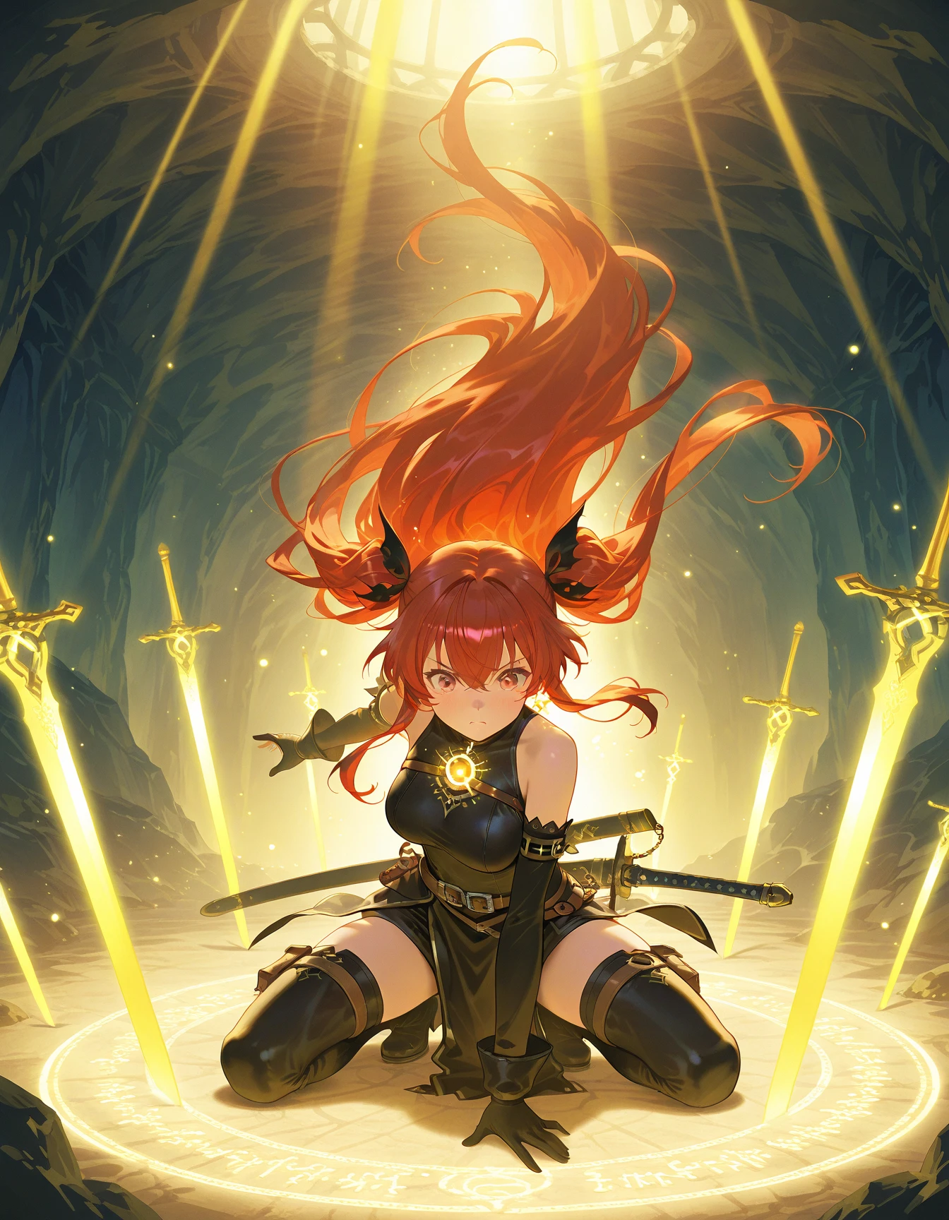 Long red hair, noble clothes, princess robes, beautiful woman, laughing, burnt black dress, tight white blouse, golden belt, lilac blouse, large breasts, curvy woman, thin waist, thick legs, female boots of burnt yellow color, golden necklace, light blue colored eyes, burnt yellow skirt, forest with animals, fantastic creatures around, fantasy scenery.