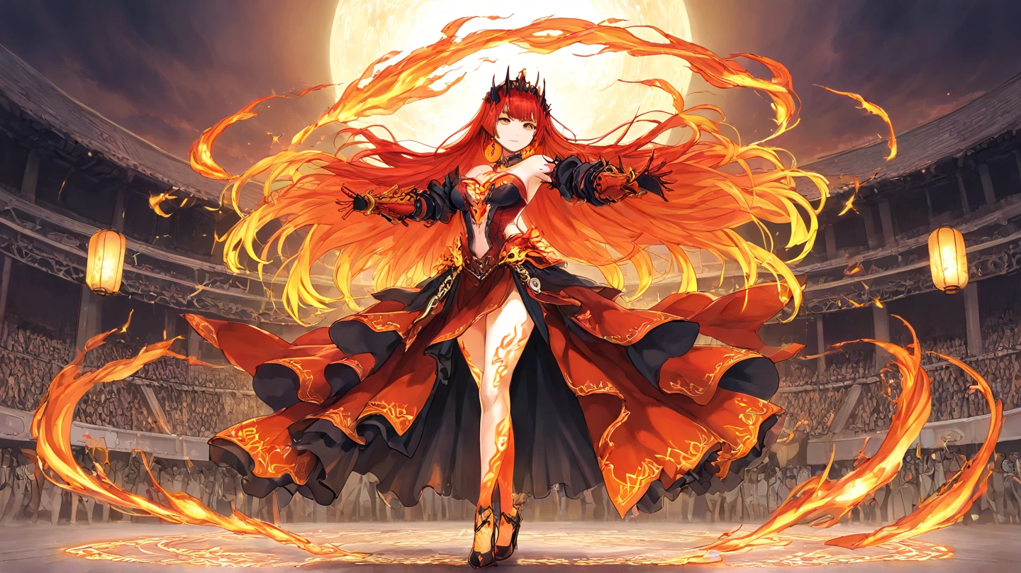 A Devil sorceress girl with glowing orange devil horns, having some orange ambient effects, with black and orange accents. wearing long black and orange robes .Dynamic evil pose