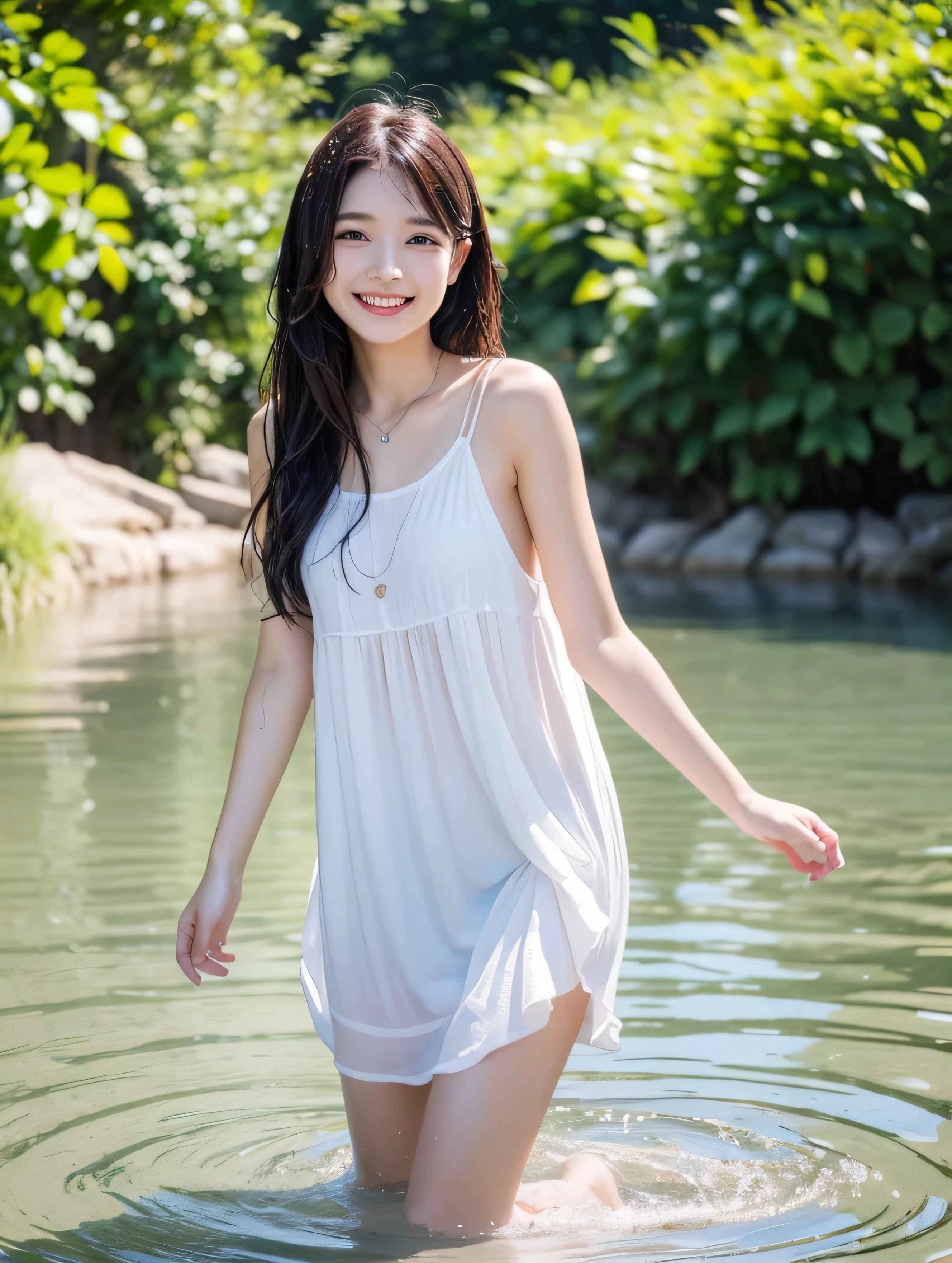 8K、sea the background of、Neat and clean schoolgirl, petite person, See-through clothes, (slim, Small, Flat, Small), (Photorealistic), detail, (Detailed skin texture), Ultra Detail, Wear sandals, delicate sexy collarbone, Smile, Super Detailed Face, Detailed lips, Detailed eyes, 10years old girl、Delicate eyebrows、Professional Photography、watching at viewers、South Island Sea