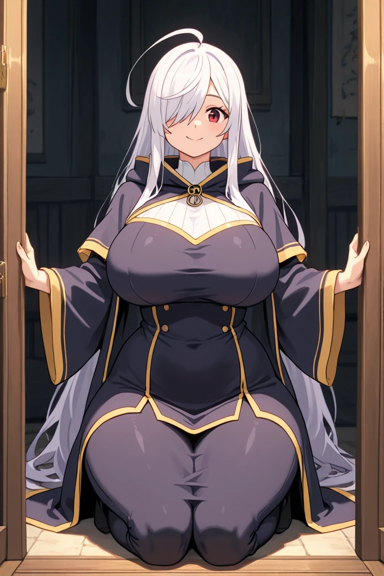 (masterpiece:1.2), best quality, high resolution, unity 8k wallpaper, (illustration), extremely detailed face, perfect lighting, extremely detailed CG, (beautiful detailed eyes:1.2), 1girl, solo, <lora:Sessyoin_Kiara:0.8>, kiara, habit, yellow eyes, huge breasts, black dress, taut dress, detailed lips, open mouth, looking at viewer, mature woman, smile, heavy breathing, (breasts squeezed together:1.2), upper body, close up, from below:1.2, tongue out