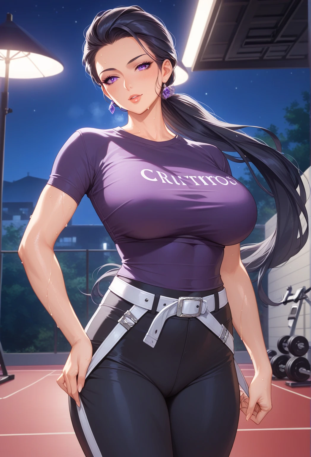 Big breast,long purple hair,wide hips,tshirt,cycle short,cleaveage,shy,blush