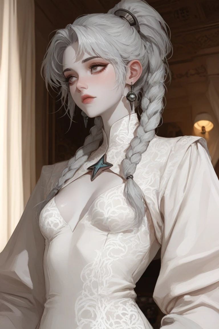best quality, masterpiece,white hair, gold eyes,white clothes, looking up, upper body,hair strand,Fair skin,side braids