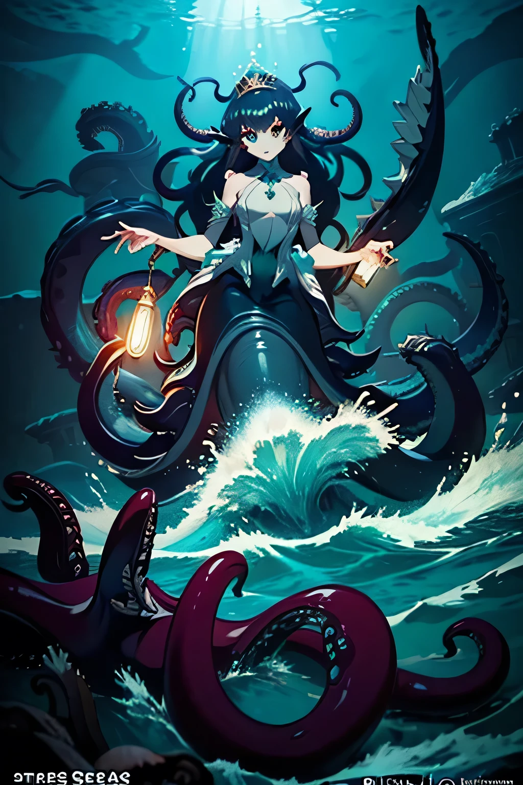 (Master's work), (Masterpiece:1.2), best quality, (illustration:1.2), (ultra-detailed), hyper details, (delicate detailed), (Kraken Queen:1.4), Princess of the Cuttlefish, Blue and green waves, beautiful bubbles,blue gray color skin,little tentacles,Scylla,green eye,goat eye, (beautiful blue and green backlight:1.1), blue, slender, Atlantis, (The Deep Seas Are Alive With Light:1:2), Crashing Wave, Depths, clear line, (cinematic light:1.1), colorful, wriggling tentacles