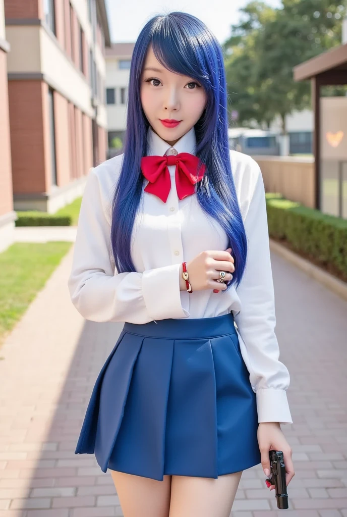 white girl 14 years realistic,beautiful,with long light blue hair to the waist,red lipstick,pink cheek,big blue eyes blue well together horizontally to the nose, school clothes white blouse with red bow and navy blue skirt,full body, , on blurry background in 10k resolution