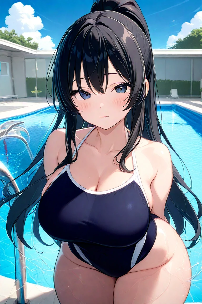 (1 girl, alone:1.3), (masterpiece:1.3),very precise detailed,ultra high resolution,extremely detailed CG unity 8k wallpaper,(Realistic,Photorealsitic,hyper realisitic:1.3),(Curve,Model,glamor:1.3),beautiful breasts,chromatic_aberration,beautiful detailed shadow,beautiful eyes,beautiful body,beautiful skin,beautiful hand,(Aesthetic Anime Eyes:1.2),arms behind head,highest quality,(20-year-old),(shiny oiled skin: 1.2), The Irregular at Magic High School,Shiba Miyuki, black eye, blue eyes, tsurime, eyelash, black hair, long hair, princess cut, straight hair, dull bangs, blunt end, side lock, hair ornaments, snowflake hair ornaments, tress ribbon,cleavage cutout,(navy blue school swimsuit:1.1),(wet swuimsuit), bare shoulders, bare arms, cleavage, big breasts, Upper body, Liar, looking at the viewer, behind, (Poolside:1.2), blush, smile, 