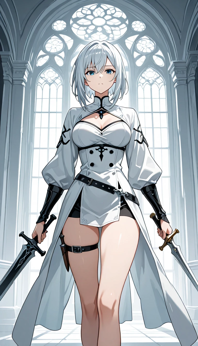 1girl, aaichika, tiara, bridal veil, necklace, cleavage, wedding dress, strapless dress, white dress, white gloves, elbow gloves, from below, skirt lift, white panties, bare legs,, masterpiece, best quality, highly detailed, yorha no. 2 type b, short white hair, blue eyes