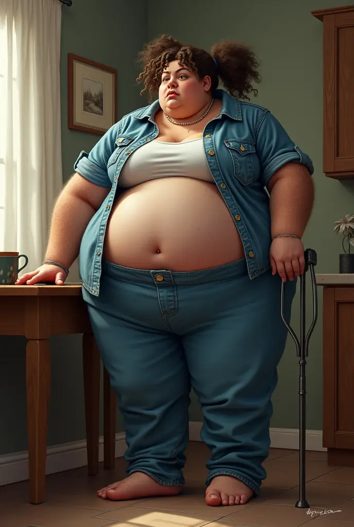 An elderly woman aged 65, with an easy, suffering expression and strong features, with a big nose, thick eyebrow, with an obese body weighing 55 kilos, 167 centimeters tall, thick legs and very large, saggy breasts, with a vagina with short, gray hair, with long black hair. she is naked, wearing prescription glasses and wearing flip flops. She is seen full-length from a side angle with her hands resting on a table., sticking your buttocks out and looking slightly upwards. In a humble kitchen with little light at night 