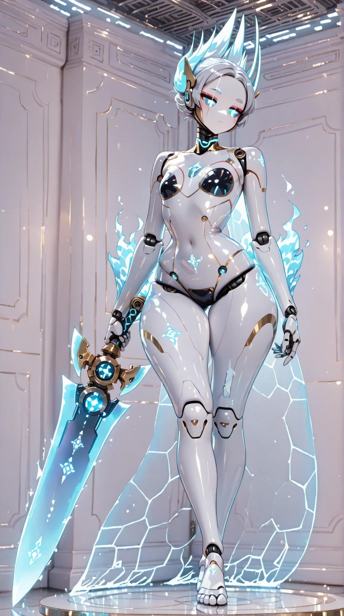 (RAW quality:1.4), One Girl, Japanese, 14 years old, Textured skin, (Sky blue shiny short hair:1.4), Very detailed, Advanced Details, high quality, 最high quality, High resolution, 1080p, hard disk, beautiful,(Gundam),Beautiful cyborg woman,large body,((Wearing Futuristic Transparent Reinforced Plastic Machine Parts。:1.4)), Nipples covered with transparent mechanism, Mechanically protected front groin, (Exposed lower abdomen:1.4), The bare skin of the large body is exposed., large body naked, Perfect Proportions, Great tit, (He carries a lot of weapons on his back..:1.4), (Hero Pose), Combat pose, Medium Shot, folded building background, City in flames, (The blue LED on the bust top glows strongly:1.4), Biologically correct, pubic_hair,