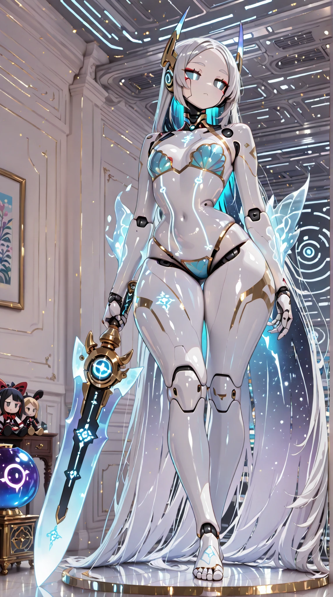 (Best quality at best,Unbeatable masterpiece:1.4),Ultra-detailed CG 4K,Black metal mech，Single high ponytail，Metal heels，Huge cleavage，Nipple presentation，Long white hair，Obsessed，hair covering one eye，smooth thigh，standing with legs apart，in the stars，face to the viewer，Nipple presentation，navel