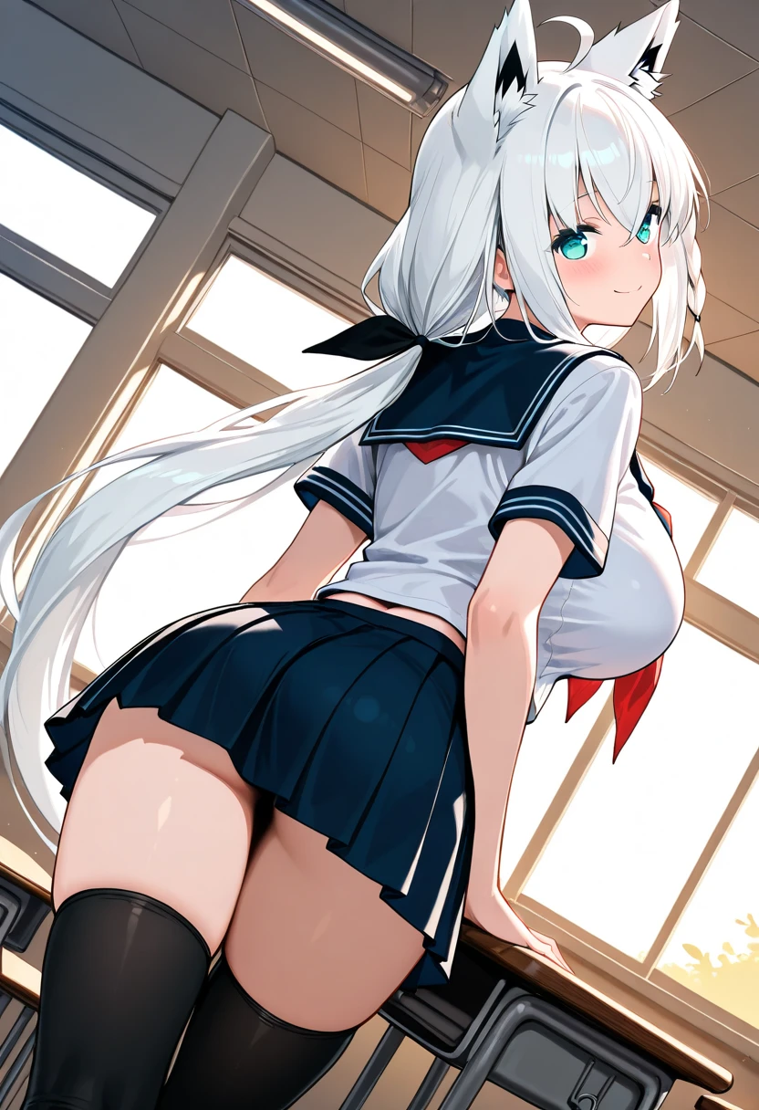 8K,Kiana Kaslana、Gray Hair、Long Hair、blue eyes、、Cute face、((nsfw,serafuku,Sailor suit,White shirt、Black Skirt、White panties、Panty shot,Red scarf、Medium chest))、(Background Space、night、Inside the spaceship、indoor,On a plush bed)、Detailed eyes、(masterpiece), best quality, ultra-detailed, illustration, an extremely delicate and beautiful,Cyberpunk Style、Sexy pose、Angle from below、Stick your butt out