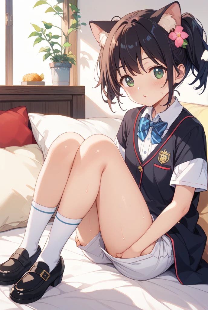 harunasairenji, haruna sairenji, hair ornament, hairclip, (purple eyes:1.1), purple hair, short hair, swept bangs, (forehead:1.2),
BREAK green skirt, plaid, plaid skirt, sainan high school uniform, school uniform, skirt, sweater vest, (yellow sweater:1.3), short sleeves,
BREAK indoors, classroom,
BREAK looking at viewer, (cowboy shot:1.5),
BREAK (masterpiece:1.2), best quality, high resolution, unity 8k wallpaper, (illustration:0.8), (beautiful detailed eyes:1.6), extremely detailed face, perfect lighting, extremely detailed CG, (perfect hands, perfect anatomy), blush, (perineum, groin, spread legs, white panties:1.5), knee up, sitting, on bed, cowboy shot, my room