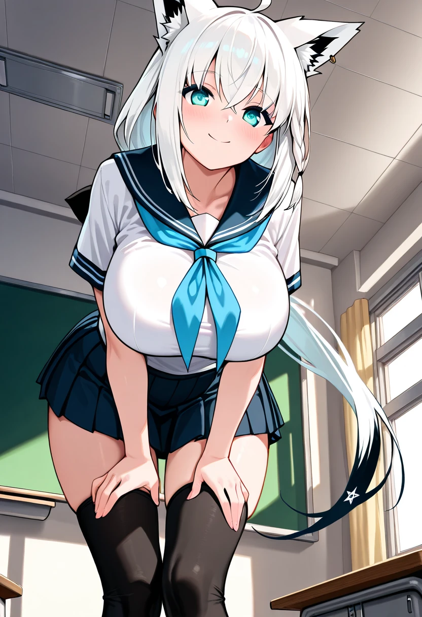 [1girl, black hanekawa, monogatari \(series\)], highest quality, Super detailed, masterpiece, Ultra-high resolution, 8k, Ridiculous, Cowboy Shooting, Focus on the girl, Embarrassing, blush, Lovely, Close one eye, With tears in her eyes and her mouth open, drooling, (arms behind head), (wariza),Classroom Background, (medium breasts), (sagging breasts),(huge nipples), Black knee socks,Thighs,Waistline, (high angle shot)