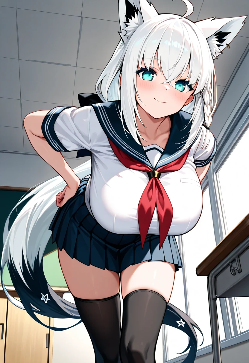 (masterpiece, best quality), NSFW, 1girl, deepthroat, (1man, hetero:1.2), pov, (pov hands:1.3), (grabbing another's head:1.3), (headpat:1.2), (close-up face:1.2), penis, (fellatio, blow job:1.2), paizuri, BREAK Mina((girl, blue sparkling eyes:1.9, cat ears:1.8, silver bob hair:2.5,))(tareme:1.3), sleepy, (half-closed eyes:1.0), sleeping, heavy breathing, steam, frown, open mouth, blush, sweat, tear, BREAK ((school uniform, serafuku):1.0), (white shirt, white sleeves, short sleeves:1.2), (navy sailor collar), (aqua neckerchief:1.2), sleeve lines, bare arms, (open clothes:1.3), shirt lift, nipples, , classroom, naked man, Paiz+irru,