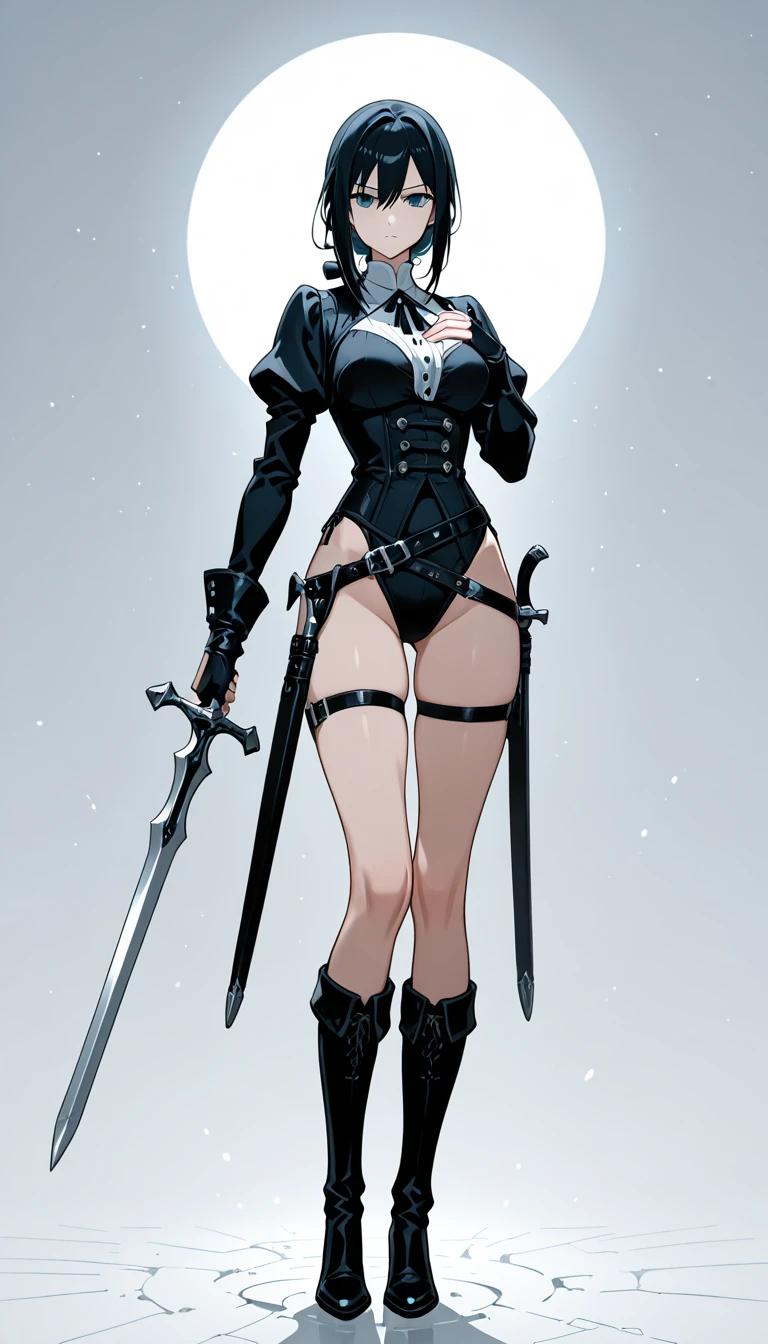 (monochrome, grayscale:1.2) ,Black Grim Reaper, Late Night Battlefield, Huge scythe, (Crescent Moon:1.2), Pale face, fully clothed, giga_busty, standing, full body shot, front view from below, dark cinematic lighting, covered breasts