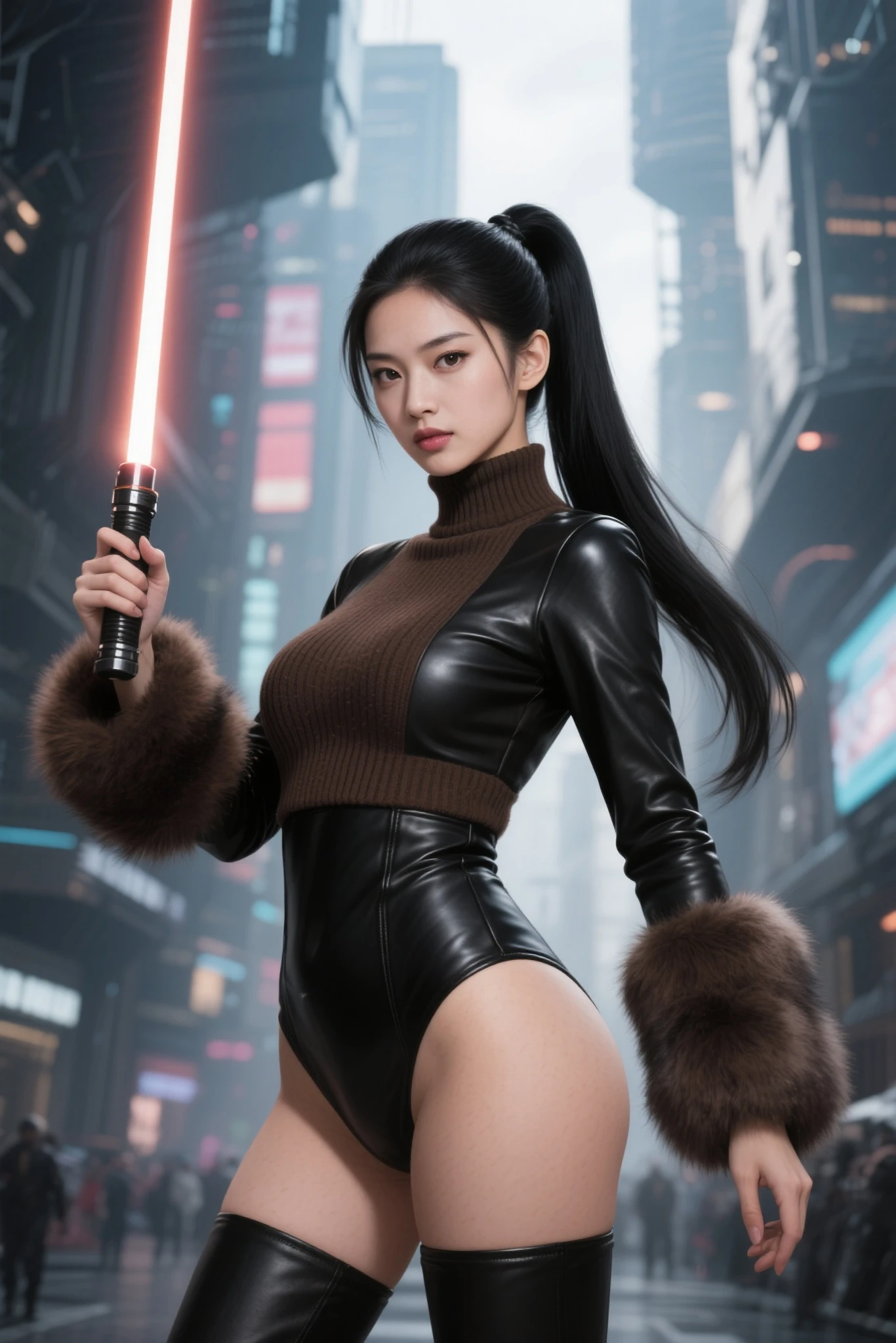 (full body:1.5)，(looking at viewer:1.4)，(anatomy correct:1.3)， (Wearing a black jacket, long black leather trouser ,black boot, and Female Ninja Set，And hold weapons:1.2), (Combat posture:1.3),(In pink|amarelo|blue colors|green color|red colour|white colors|black in color|purpleish color|greys|Beige|Flesh color 1.4)，(Accurate and perfect face:1.4),(Clothing Gloss:1.3),A shallow laugh,,hyper HD, Ray traching, reflective light，structurally correct, Award-Awarded, high detal, lightand shade contrast, Face lighting，cinmatic lighting, tmasterpiece, super detailing, high high quality, high detal, best qualityer, 16k，high contrast,
