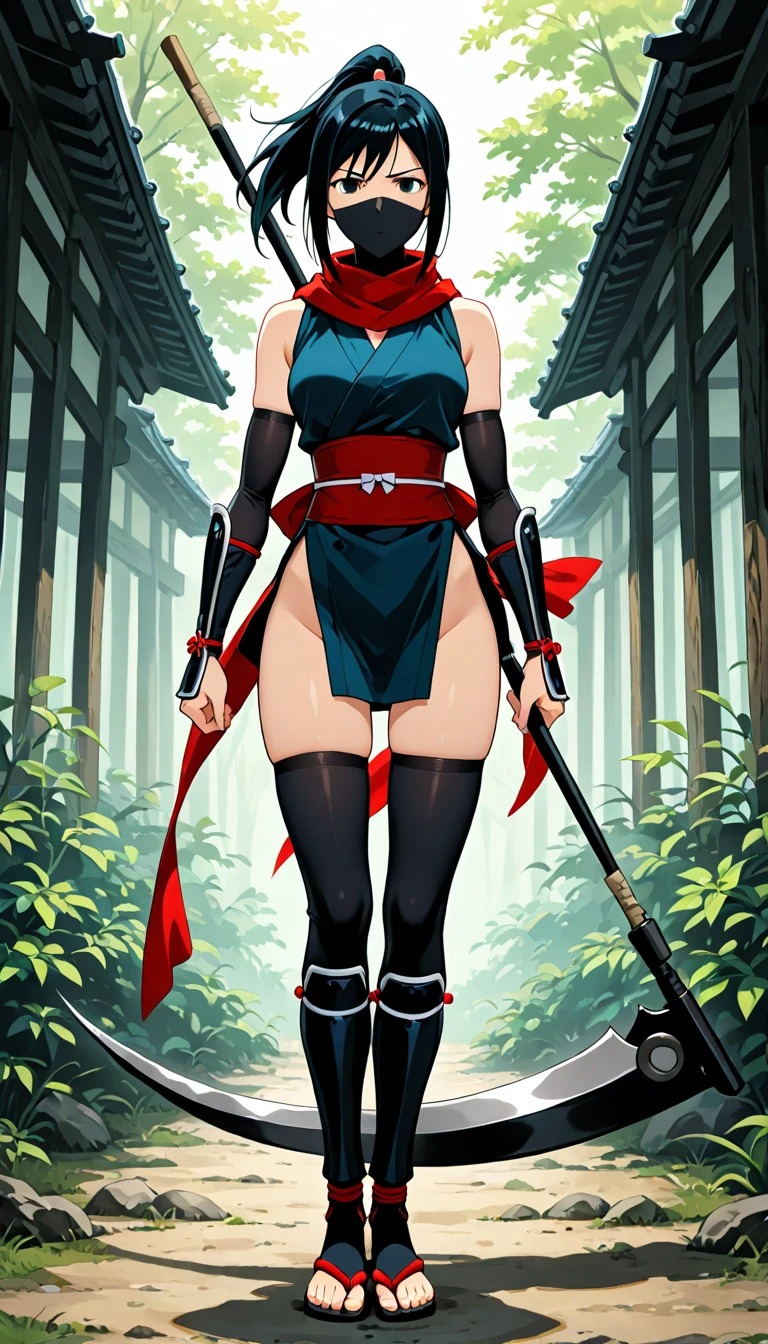 Masterpiece, excellent quality, 1ninja girl, sexy black leotard, full hand gloves, armored ninja gauntlet, armored ninja boots, red ninja headband, medium hair, straight, black hair, blue eyes, perfect body, perfect , scarf, red scarf, leather belt, forest, day, full body, standing, stern look, Genshin Impact style
