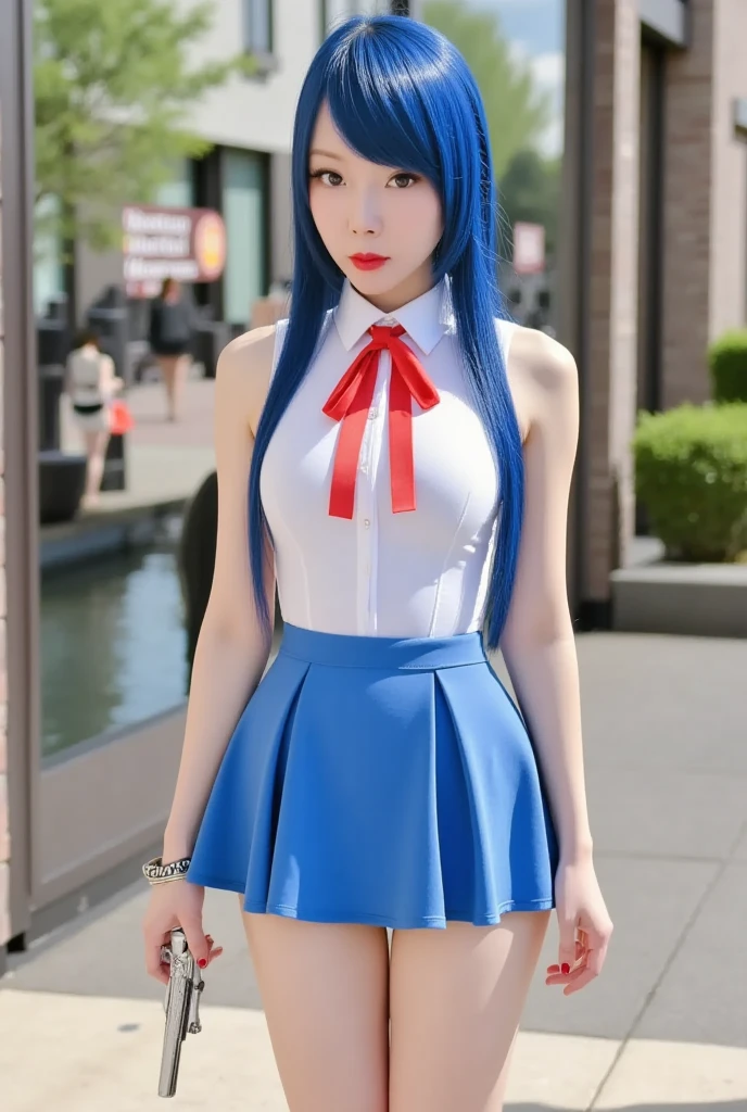 work of art, best qualityer, highest quallity, photorrealistic, Perfect Anatomia, face perfect, perfects eyes,
aqua hair, brabulladbgt, red hair band, red gloves, Red crop top, blue colored eyes, overskirt, hoop earings, choker, 1 girl, plein-air, pose sexy,glove on hands