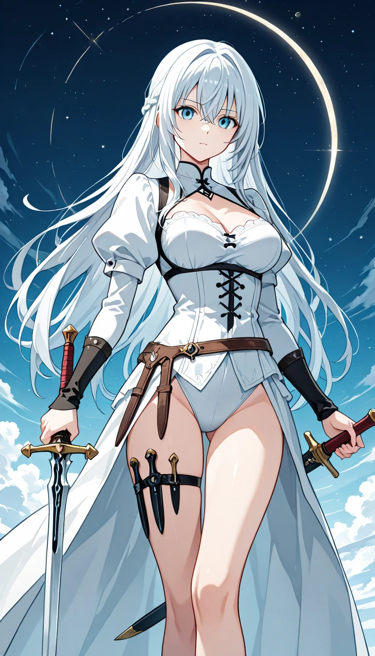 sehele style, <lora:sehele:0.4>, <lora:Navarre Polar:0.7>, angry, holding 1sword, (dark tanned skin:1.5), long hair, blonde hair, yellow eyes, white top, white shorts, white cape, white gloves, shoulder pads, choker, necklace, red gem on forehead, black belt, leather leg harness, 8k, 16k, trending on pixiv, fanbox, skeb, masterpiece, detailed face, digital painting, (((fantasy city background))),