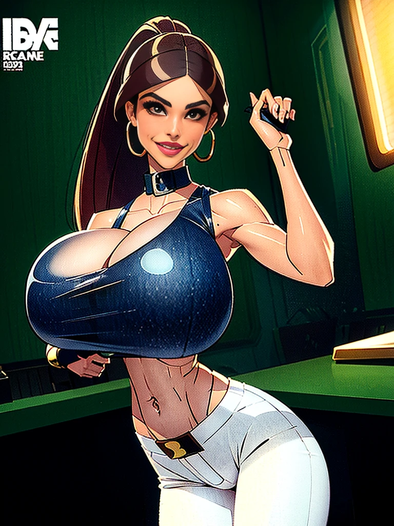 1girl, short busty petite brunette comic book woman, gorgeous face, masterpiece, beautiful, high quality, high definition, superb quality, highly detailed, insane detail, hands on hips, happy, smiling, sexy pose, hand on hip, long hair, huge ponytail, slim, thin, athletic, womanly, rubbery, elastic woman, (modest jacket and tank top, olive-colored jacket, blue jeans, do-rag, do rag, tight tank top), rubber body, brunette, (((cleavage window, large breasts, big boobs, slim waist, overflowing breasts, too big for her top))), city, soft lighting, natural lighting, natural color, heroic, cheerful, (bold nose, hawkish facial features),