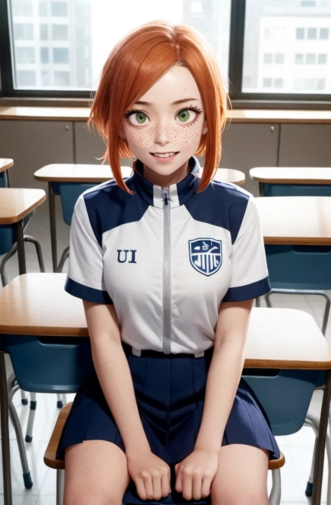 Captura de pantalla de My Boku no hero academia, Chica blanca de cabello largo rizado de color cobrizo con flequillo, ojos de color rojo y el otro blanco y una cicatriz en el ojo blanco, with a fang and Hue has a serious expression and is wearing the UA uniform and from where she has a UA school class and is sitting at a table