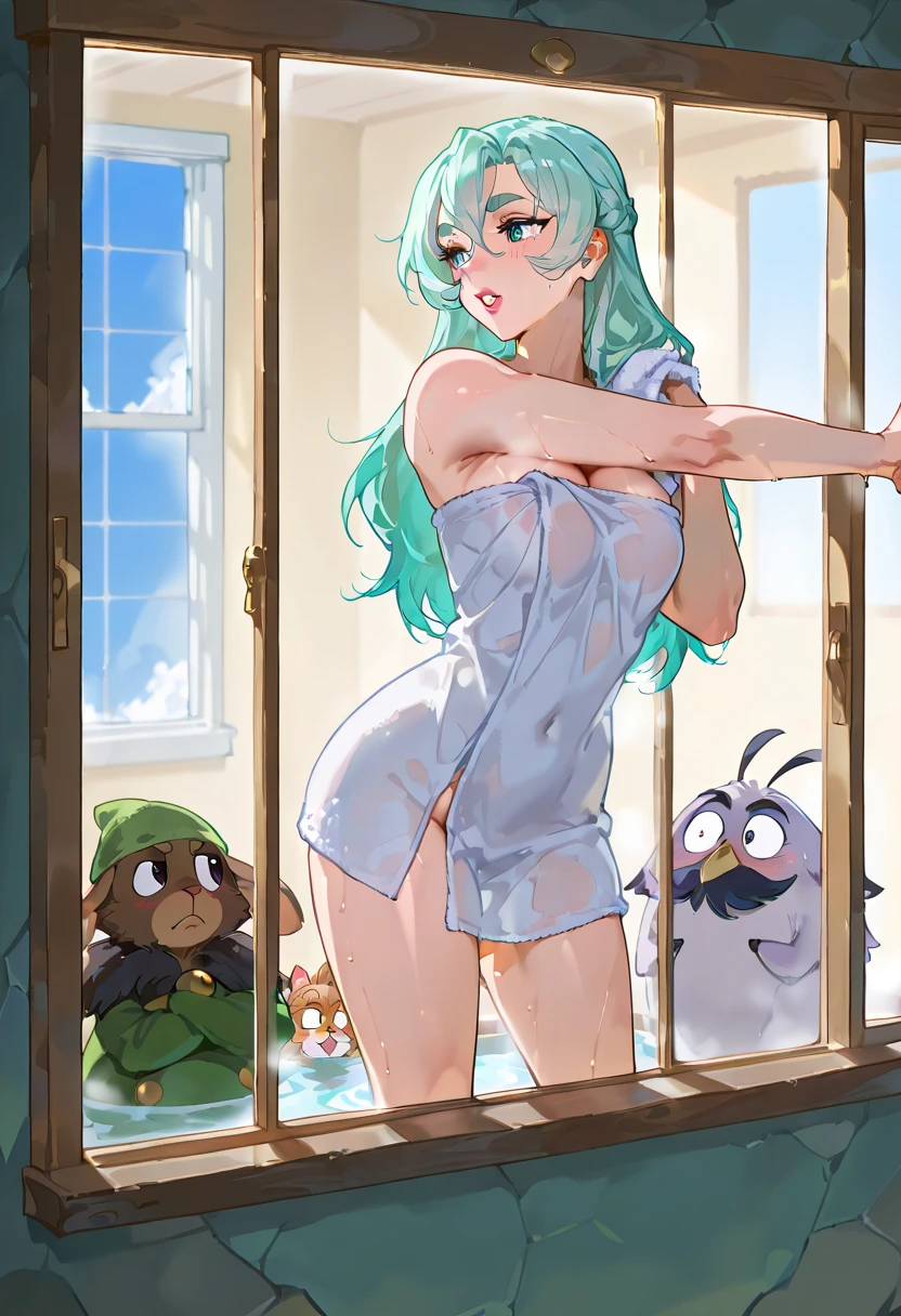 ((masterpiece, best quality)), high resolution,ultra detailed,8k,16k,detailed background, perfect lighting,detailed beautiful eyes,pussy,1girl,solo,nsfw,clitoris,embarrassed,blush,look at viewer,steam,sweat,aroused,from front,(standing),in heat,fisheye lens,show off pussy,(nude:1.4),seductive eyes,naughty face,open mouth,pregnant,
,slender,pale skin,small breast,faruzan,light green hair,long twintail,hair ornament,(anime style,colorful),forest city