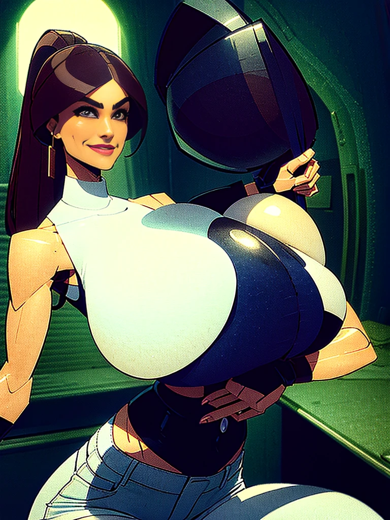 1girl, short petite busty brunette comic book woman lifting up her gigantic tits, gorgeous face, masterpiece, beautiful, high quality, high definition, superb quality, highly detailed, intricate detail, sultry, smirking, sexy pose, breast squeeze, pressing breasts together, long hair, huge ponytail, slim, thin, athletic, womanly, rubbery, elastic woman, (modest red spandex with white panels on sides, red and white morph suit, tight top), rubber body, brunette, (((gigantic breasts, gigantic boobs, massive tits, slim waist, overflowing breasts, too big for her top))), city, soft lighting, natural lighting, natural color, heroic, cheerful, (bold nose, hawkish facial features),