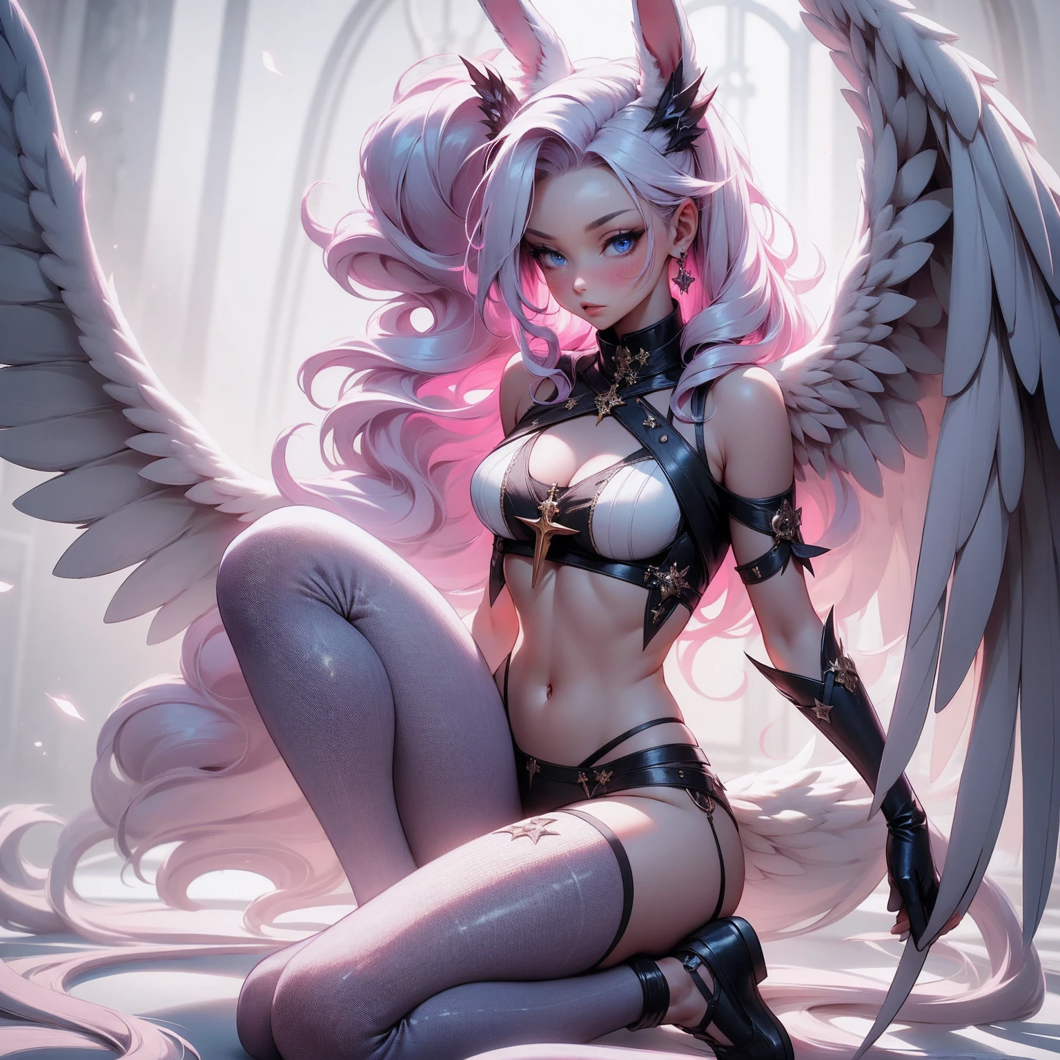 jibril 1girl, solo, long hair, breasts, sideboob, areola, long white hair, white stockings, pink heart-shaped wings, compass rose halo, wings, navel, gloves, bunny ears, diaphragm, magic circle, asymmetrical legwear, angel, angel wings, small pink wing, animal ears, very long hair, blue eyes, pink wings, big breasts, mismatched pants, single shoe, feathered wings, blue eyes, shoes, high socks, crop top pink, cross, white hair, lying on the bed, with her face against her shoulder, sexy look